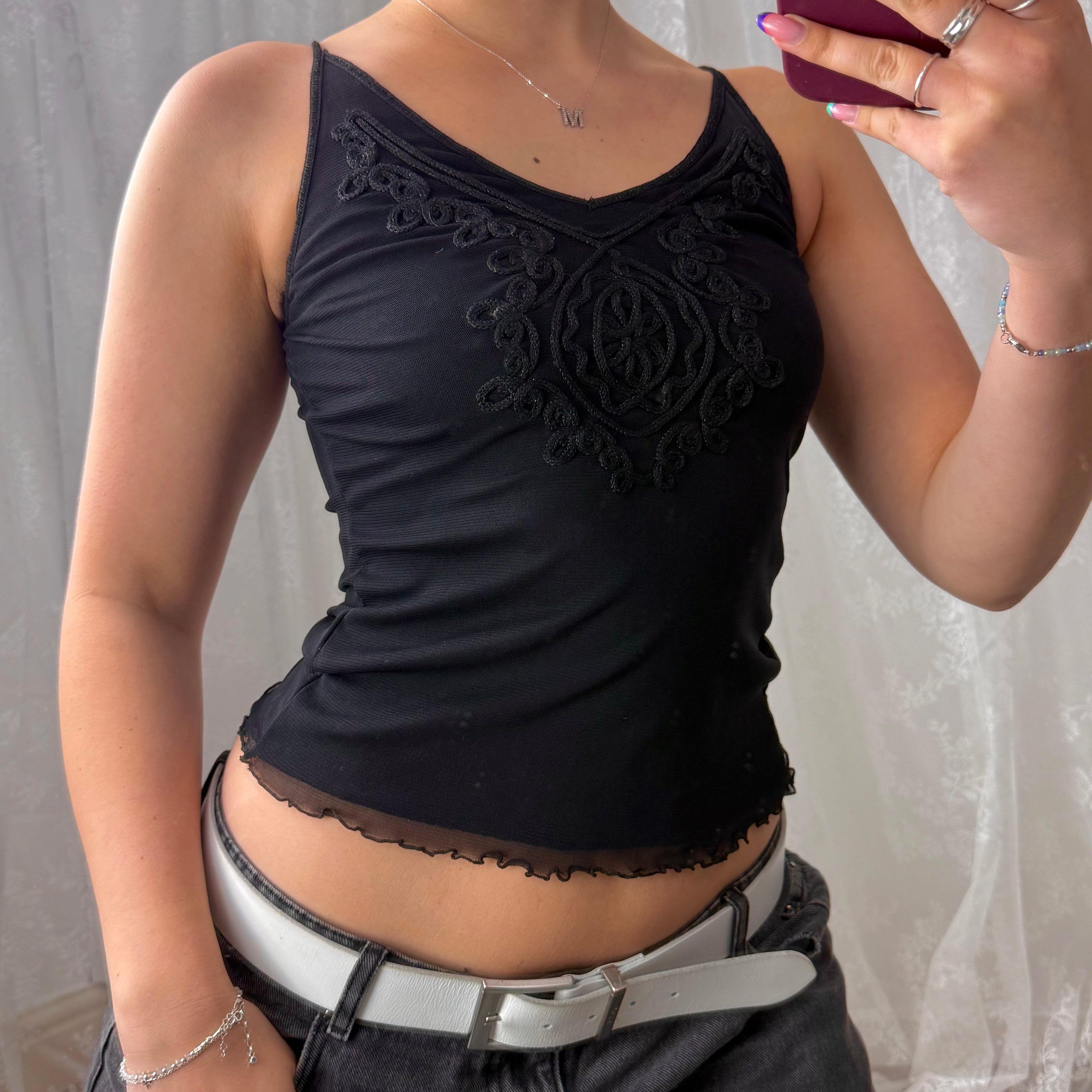 Black mesh detailed cami top