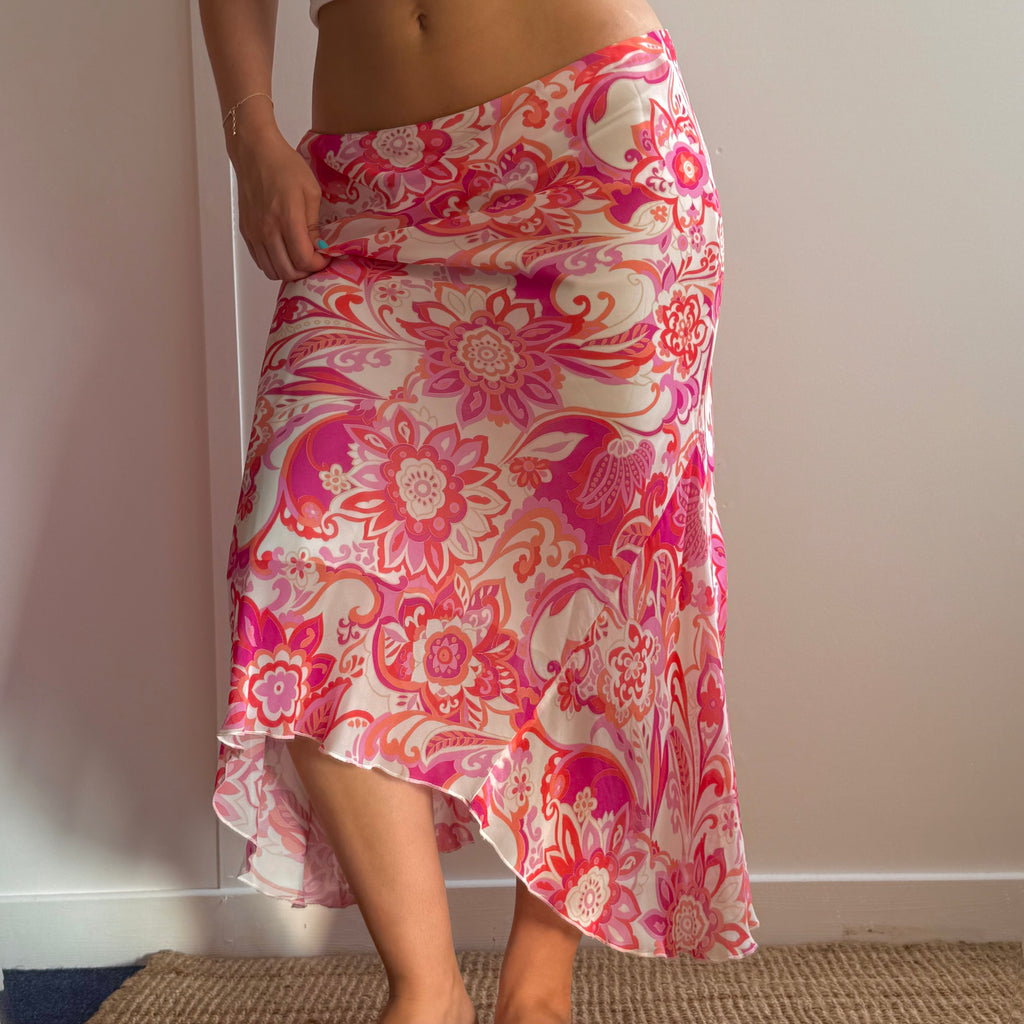 Pink patterned mesh midi skirt
