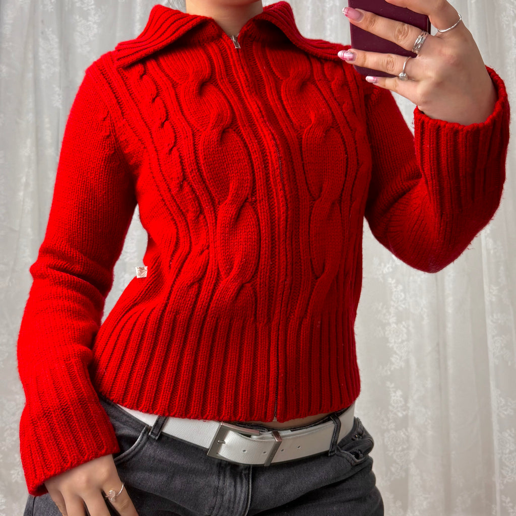 Red knitted zip up sweater