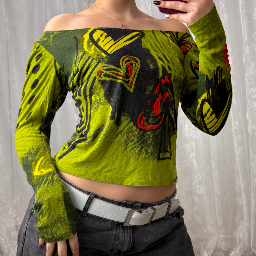 Green patterned off the shoulder long sleeved top