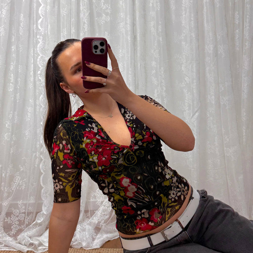 Black floral mesh collared top