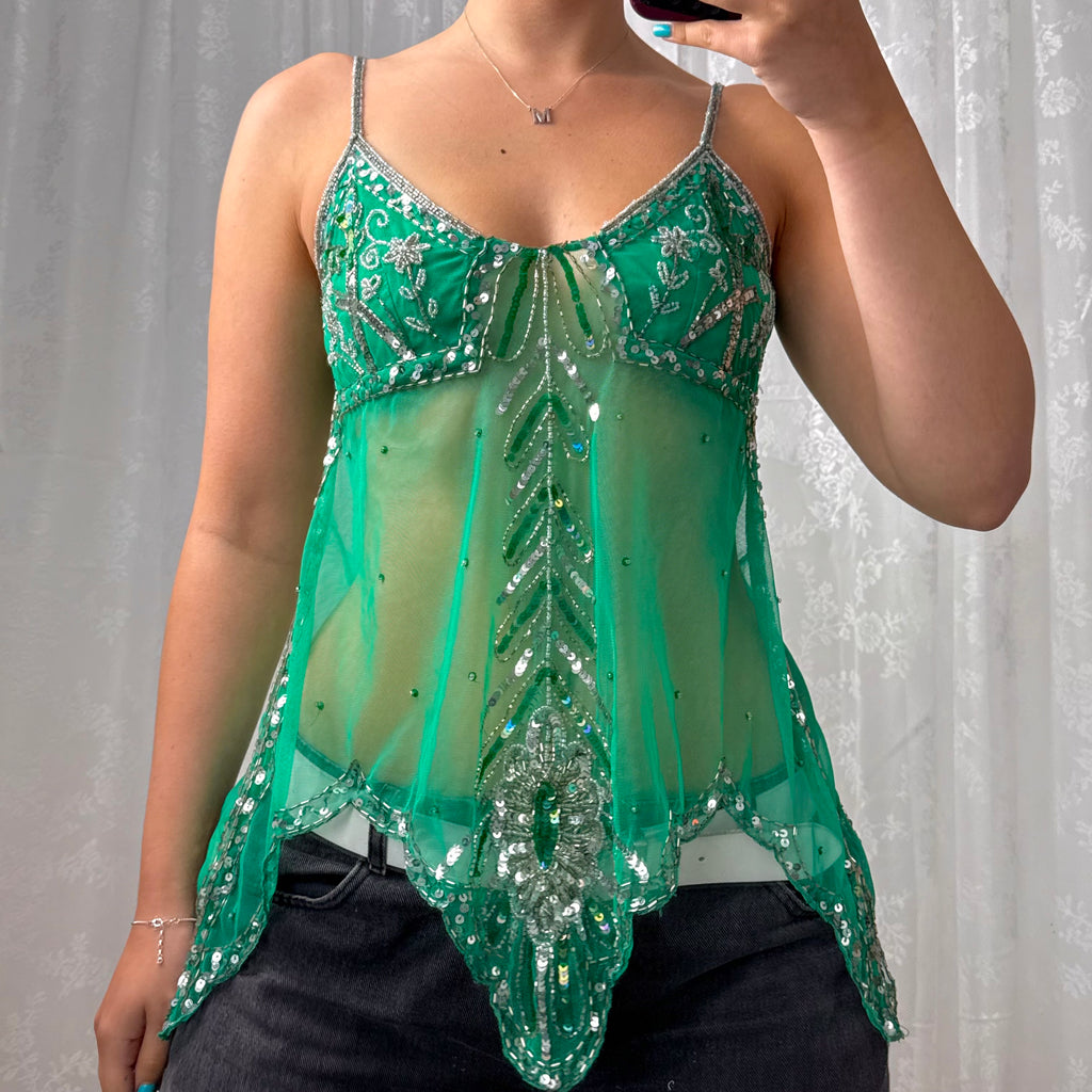Green beaded mesh cami top