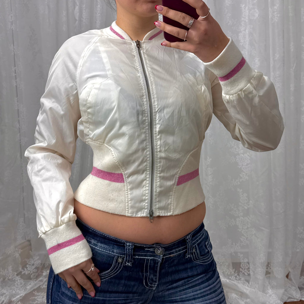 White lightweight detailed bomber jacket