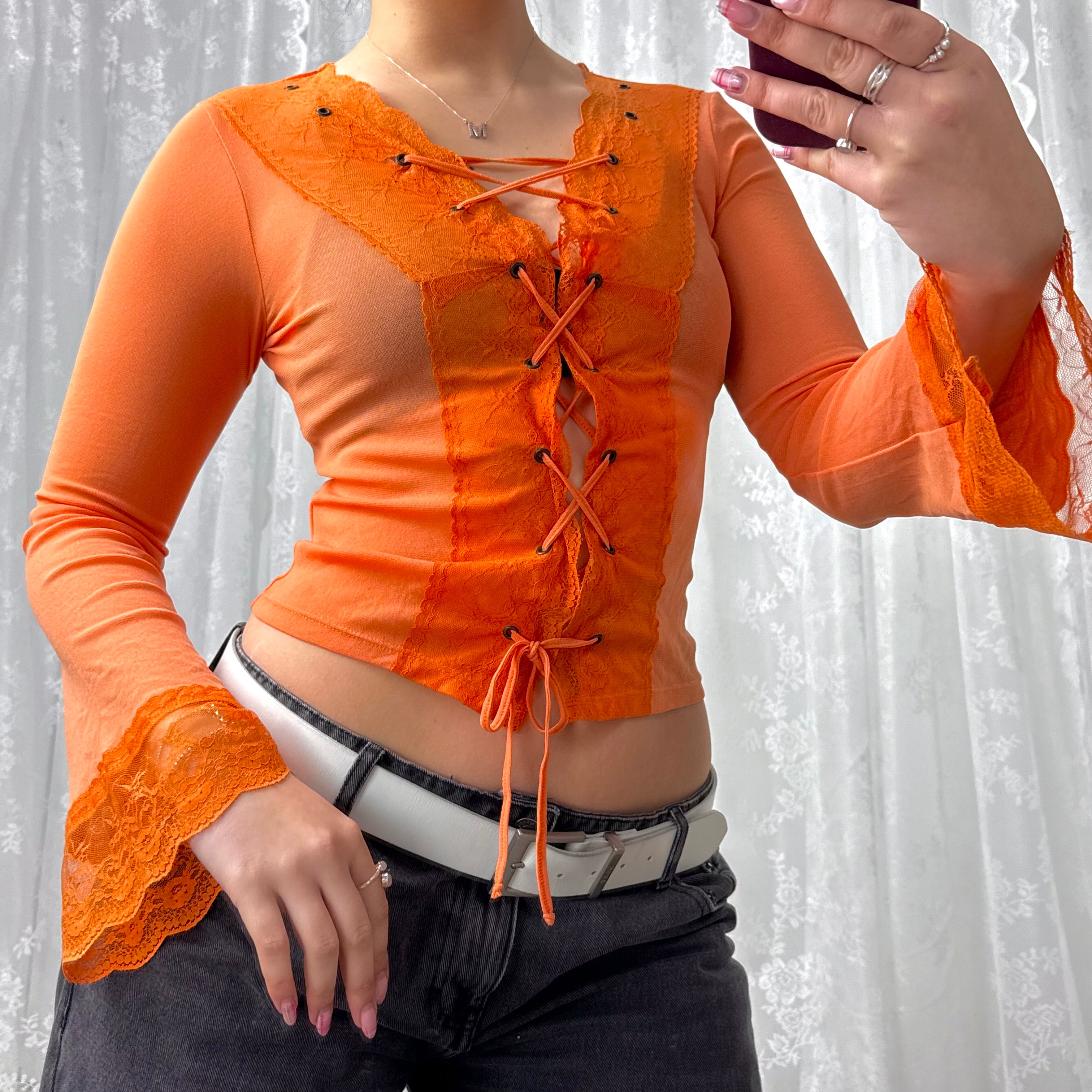 Orange tie up mesh shirt