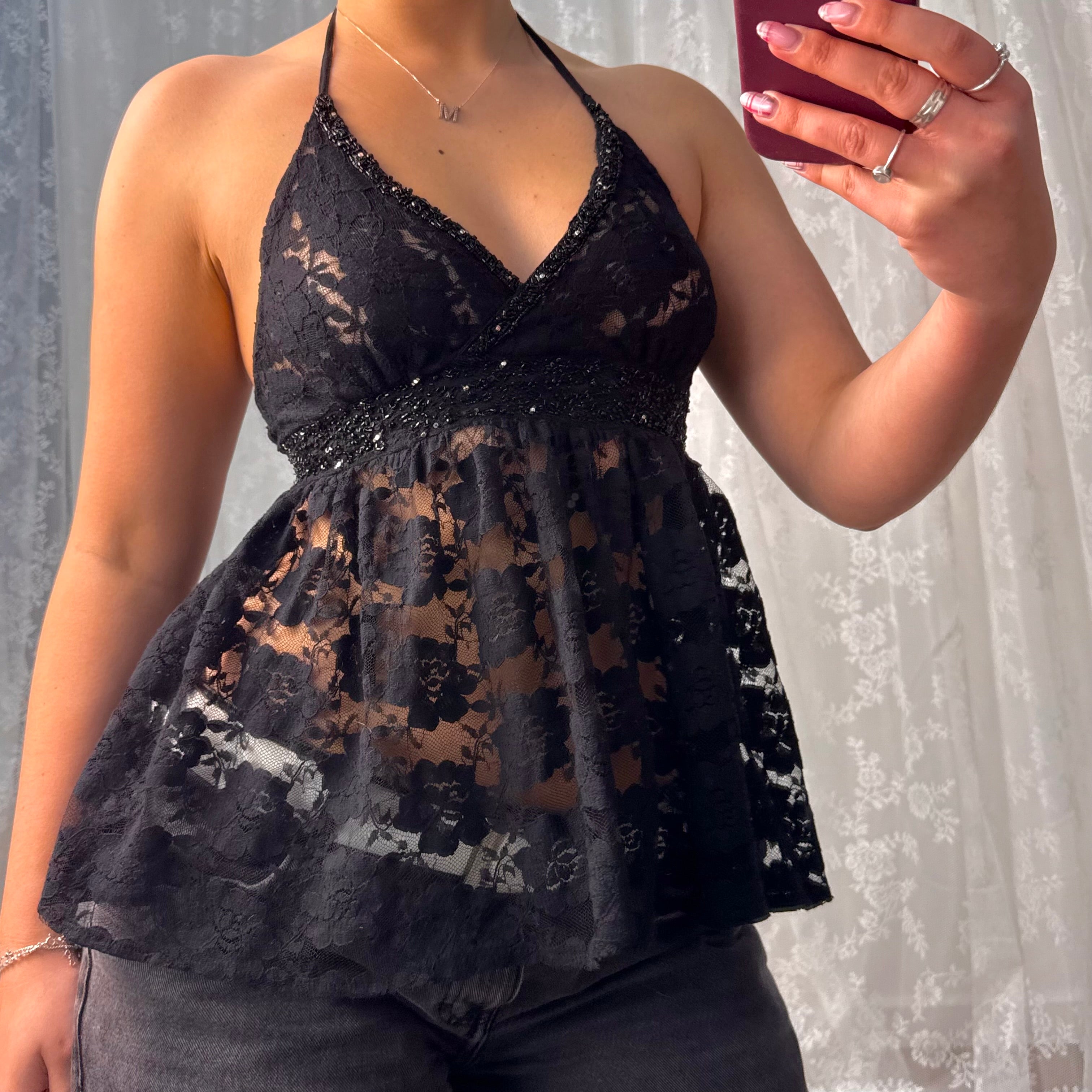 Black lace and beaded halterneck top
