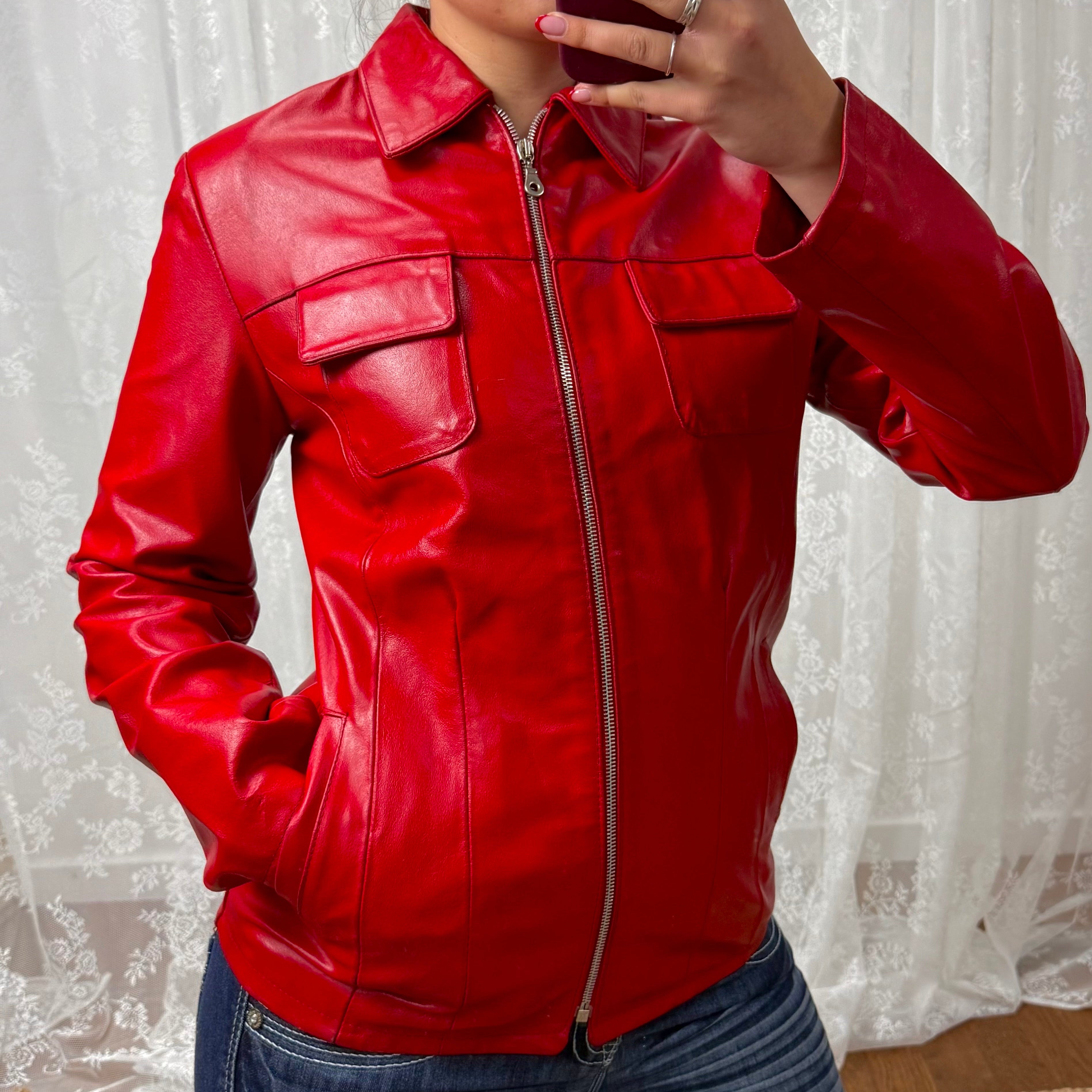 Red leather zip up collared jacket