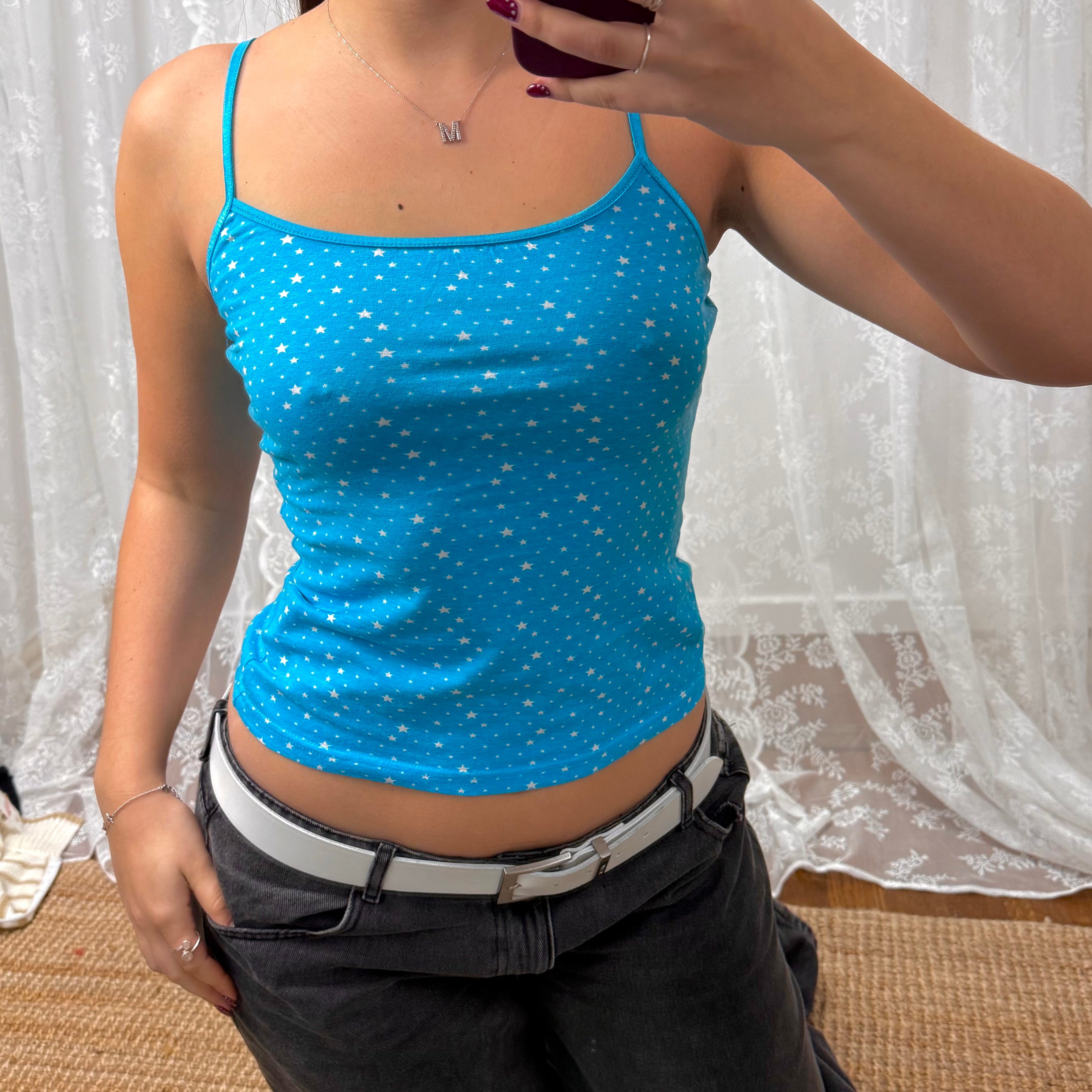 Blue and white starry strappy cami top