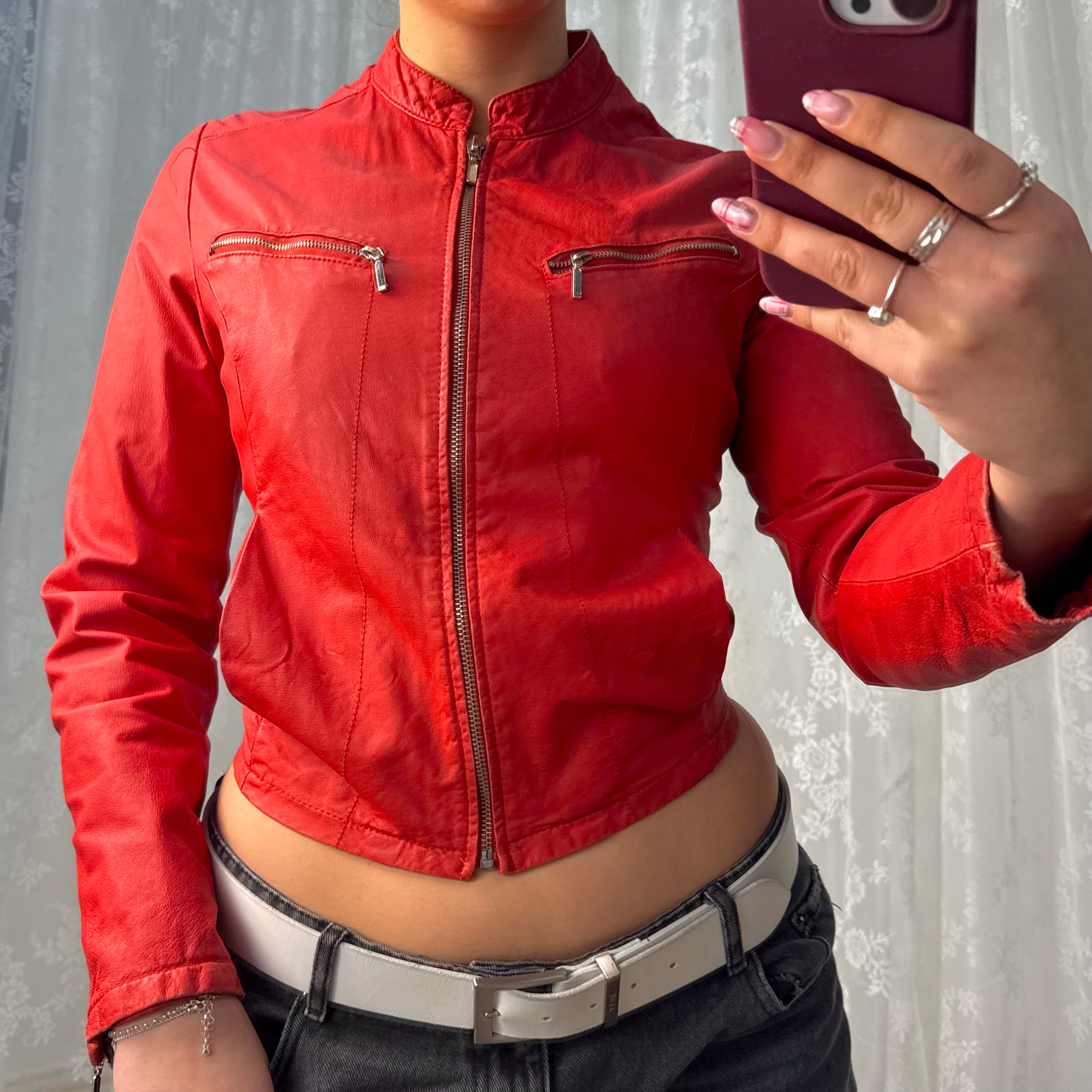 Red leather zip up jacket