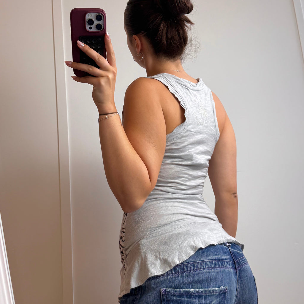 Black and grey patterned frill tank top