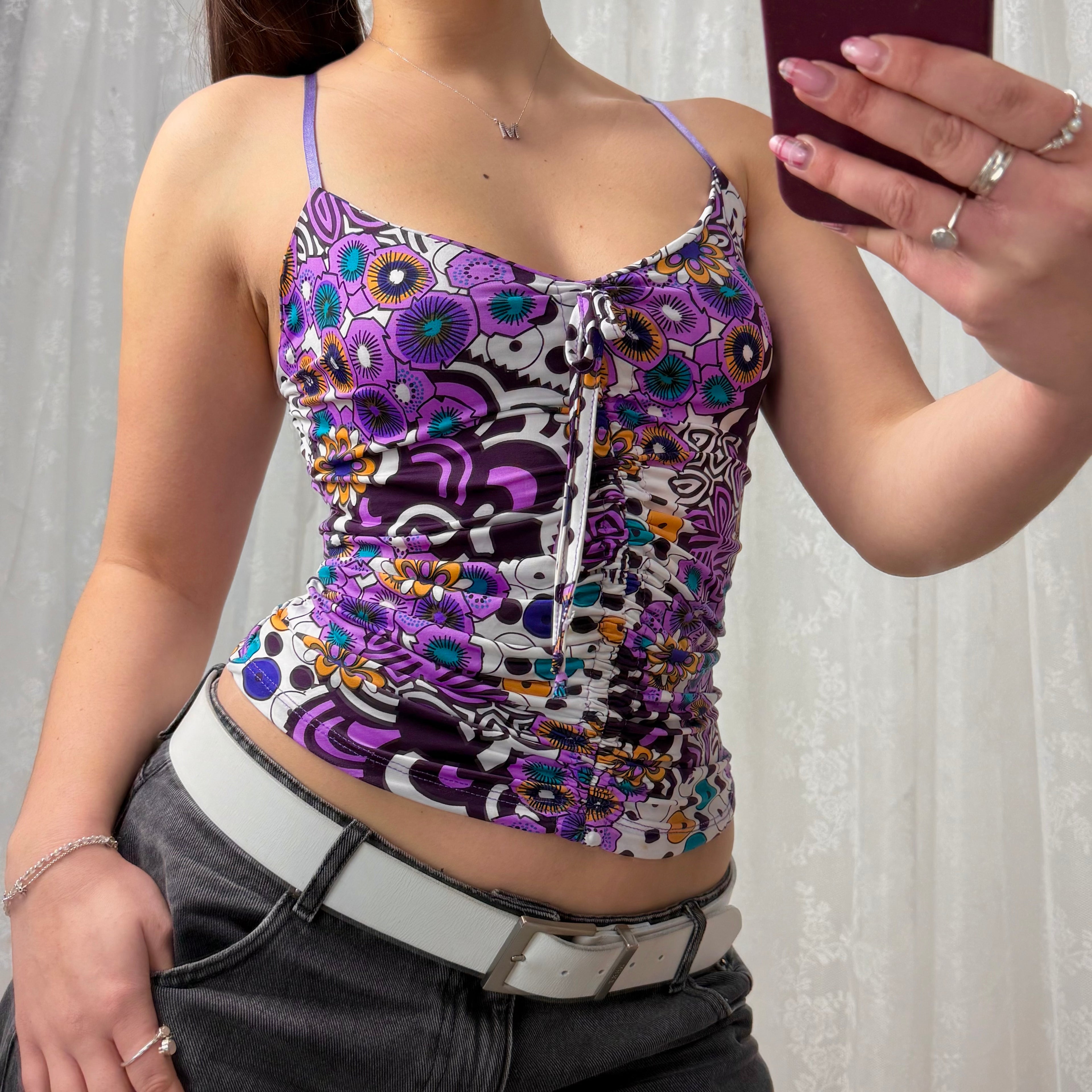 Purple and white paisley slinky ruched cami top