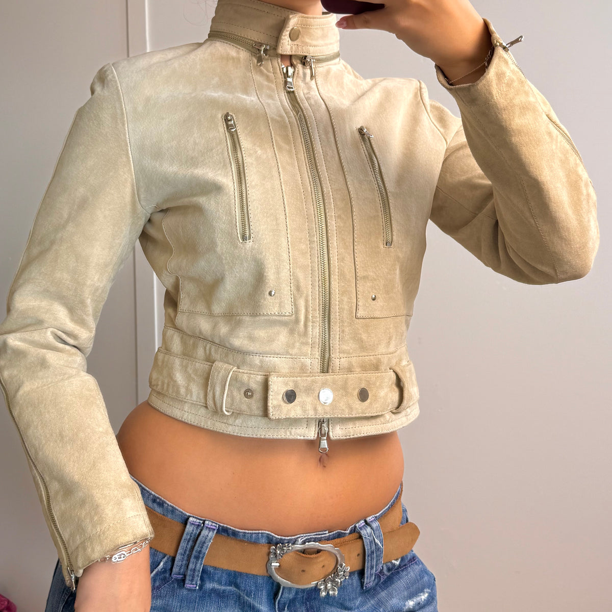 Sand suede cropped jacket