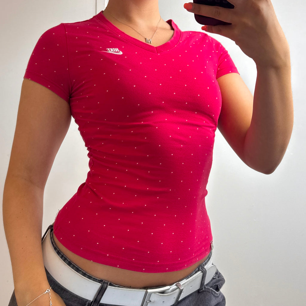 Red and white spotty v neck baby tee