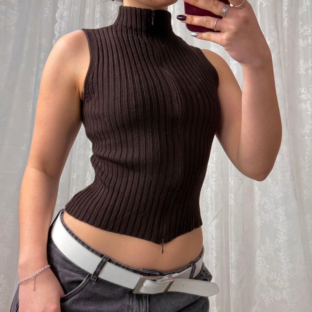 Brown double zip wool blend sleeveless sweater