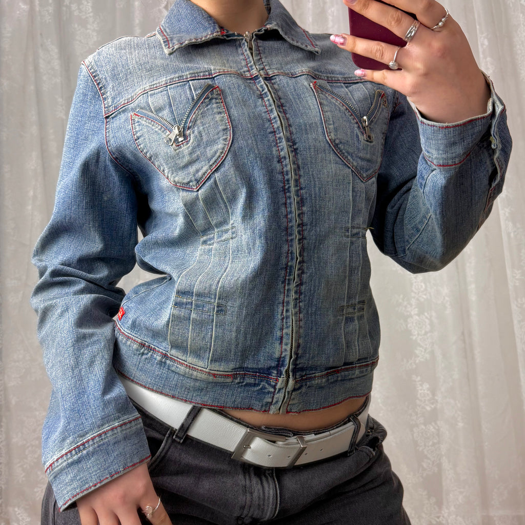 Blue denim zip detailed jacket