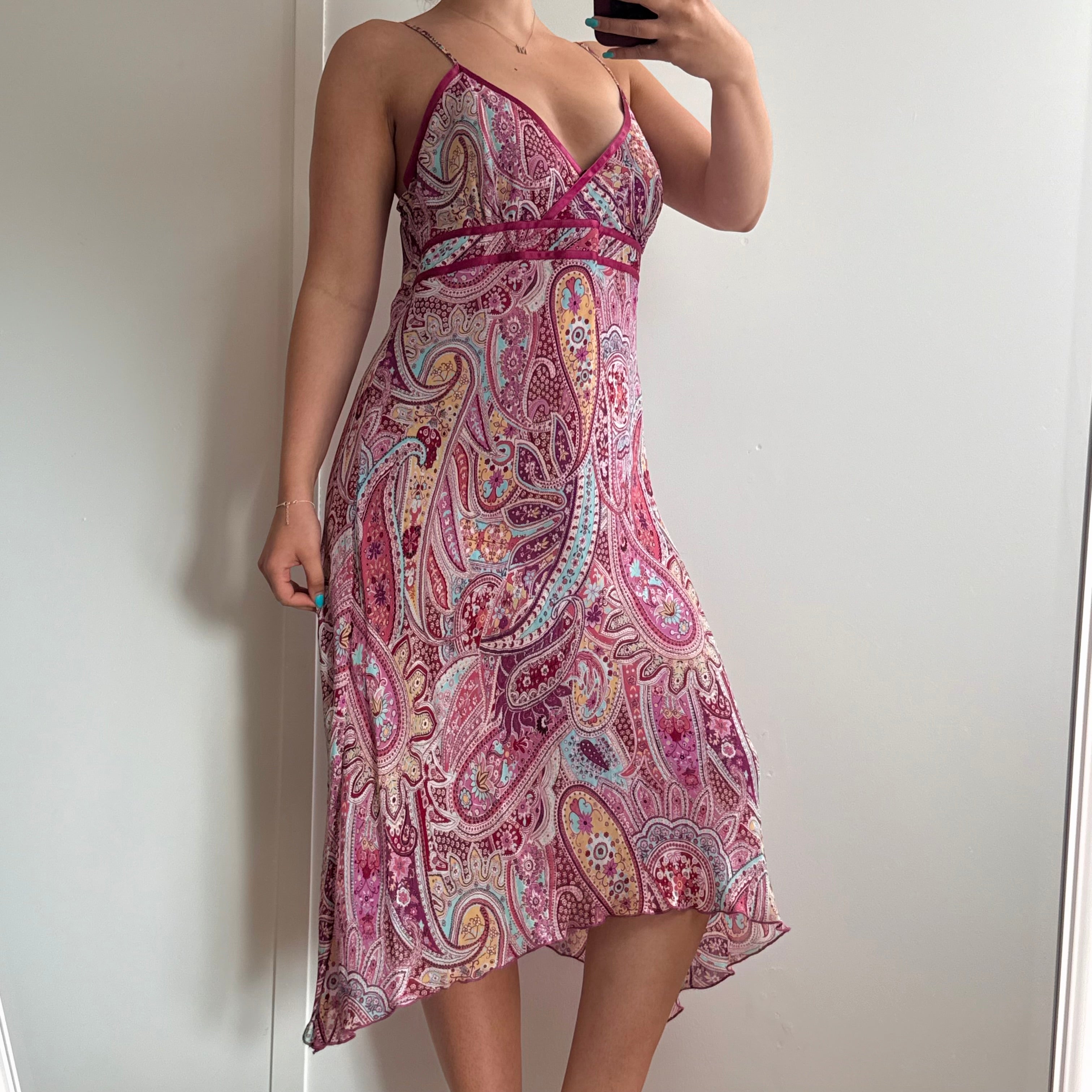 Pink patterned asymmetrical mesh midi dress