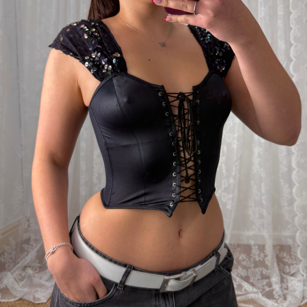 Black lace beaded off the shoulder corset top