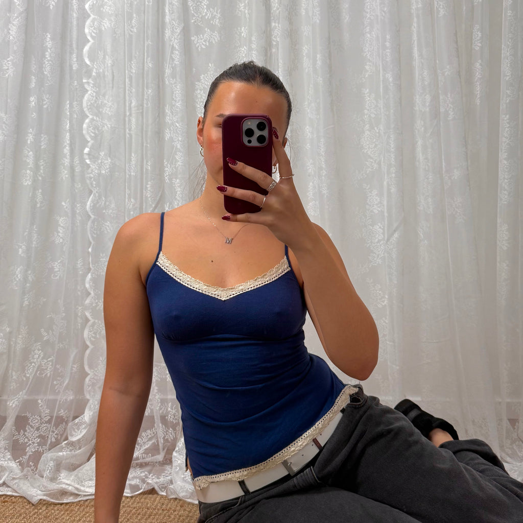 Blue and white textured cami top