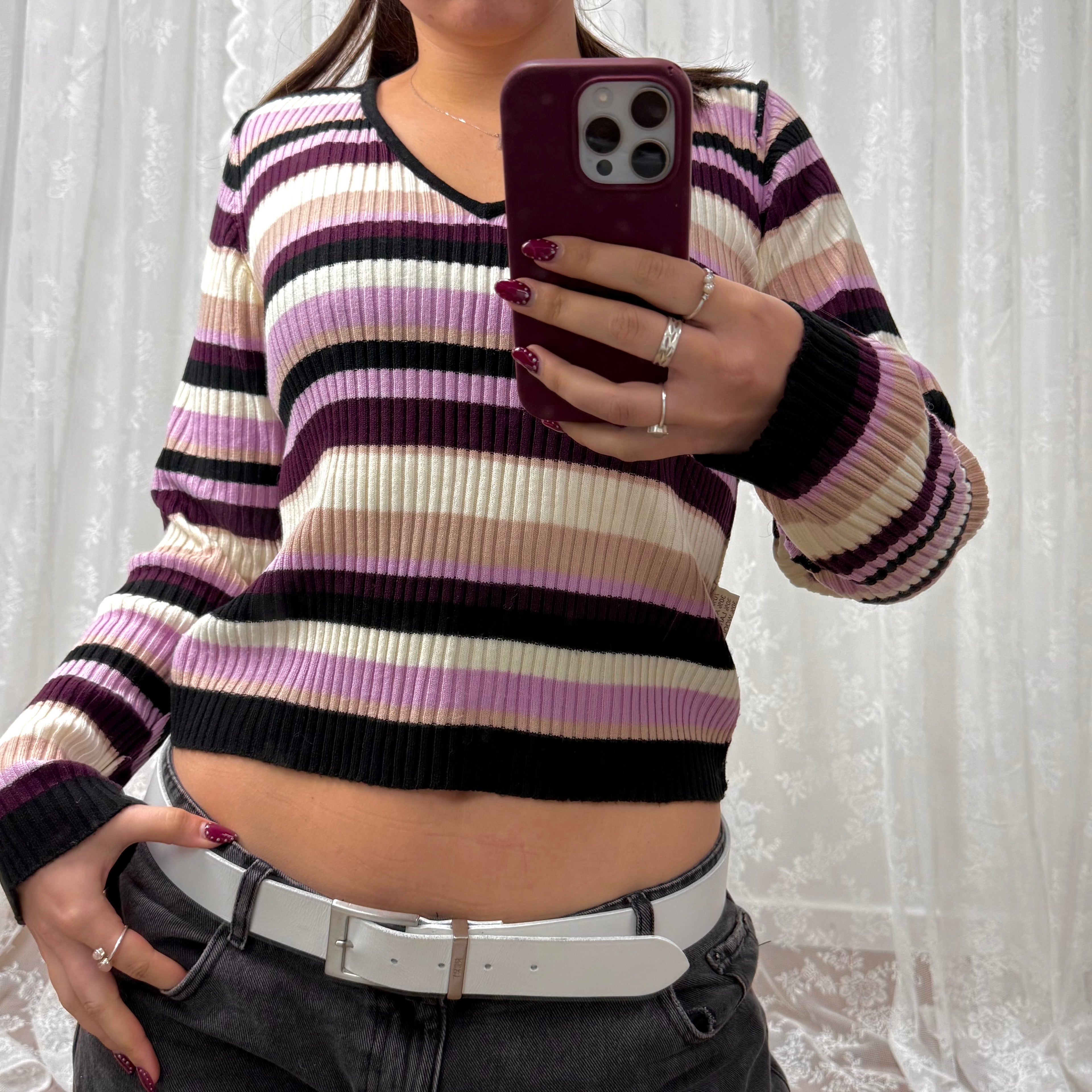 Pink and purple striped v neck sweater