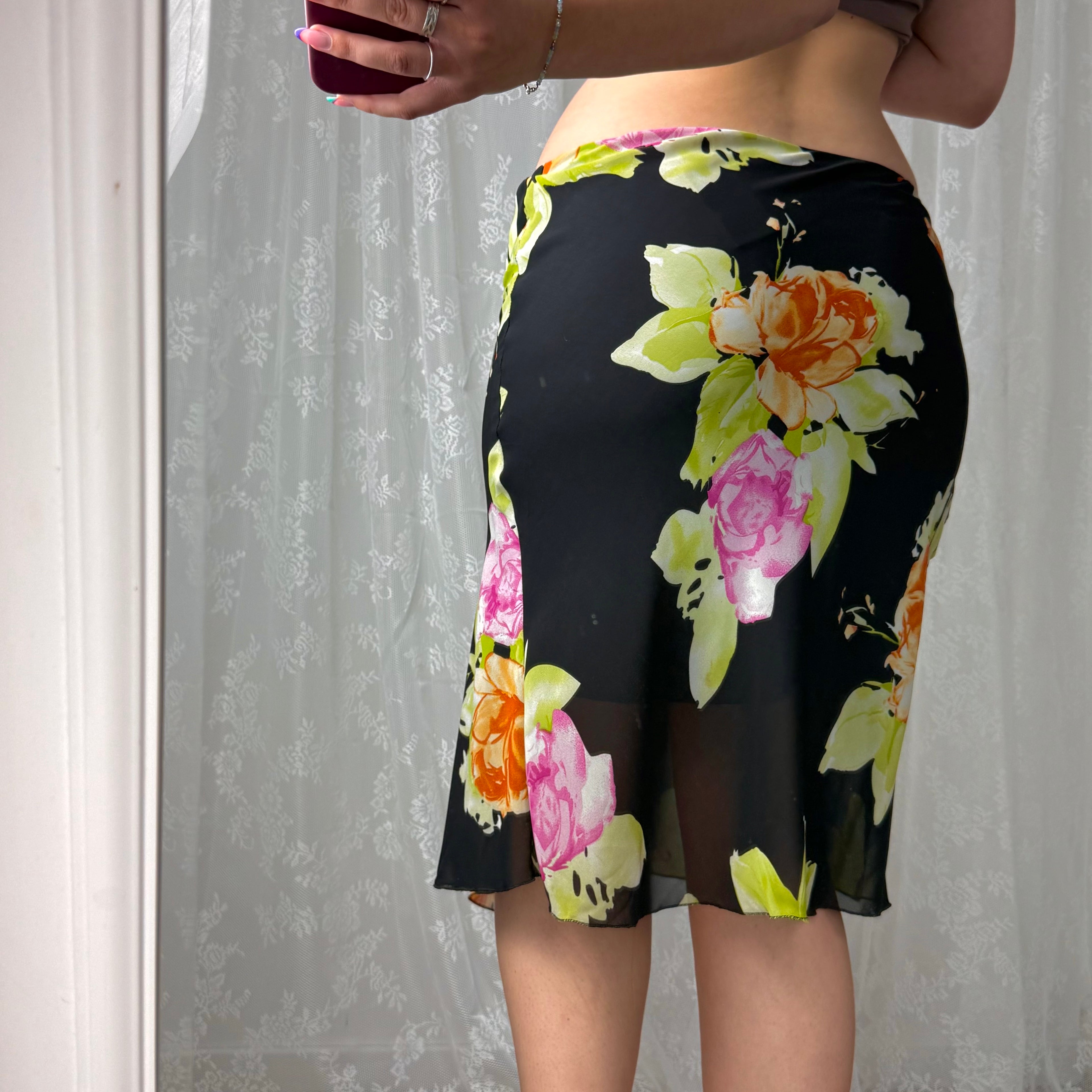 Black floral asymmetrical mesh midi skirt