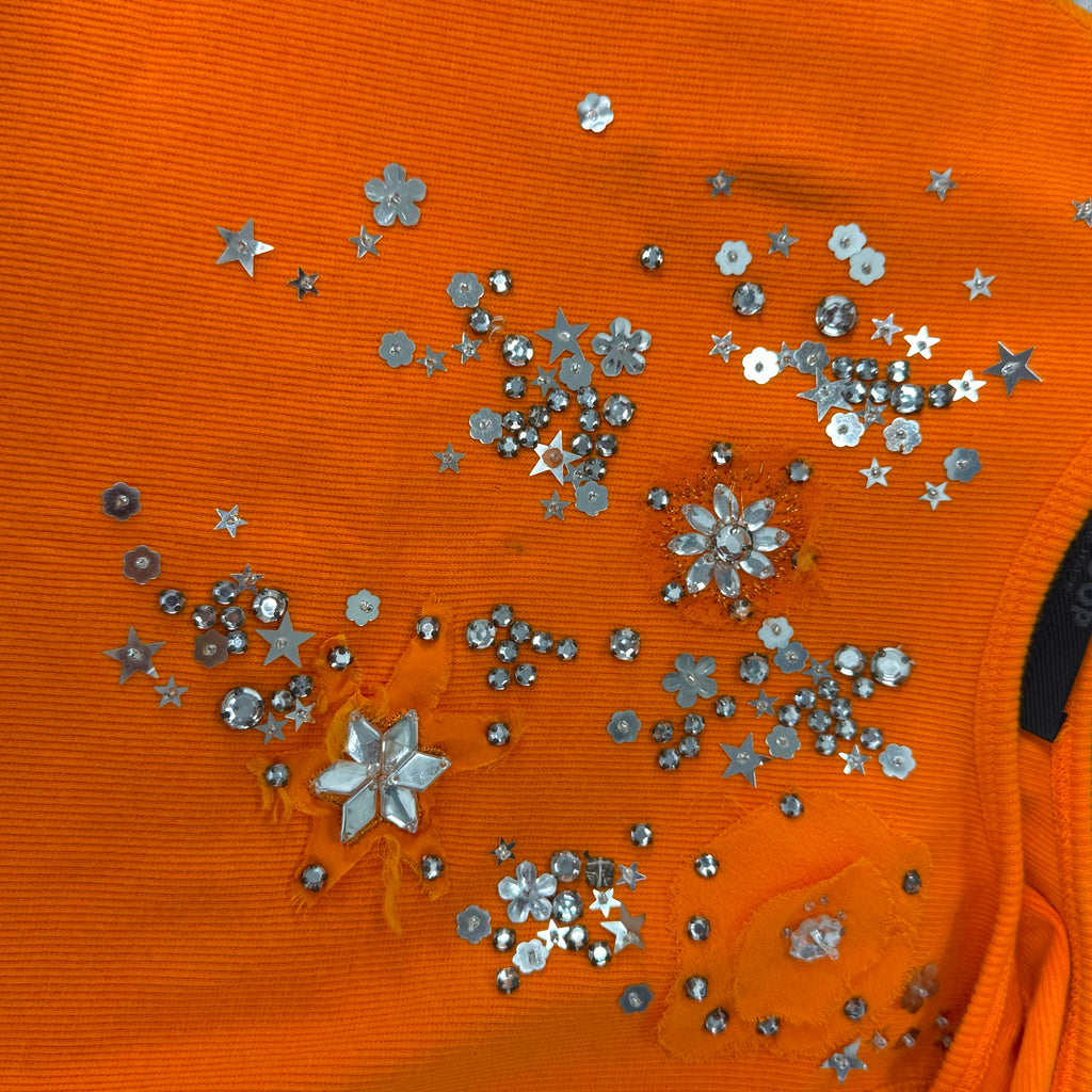 Orange rubbed and gem vest top