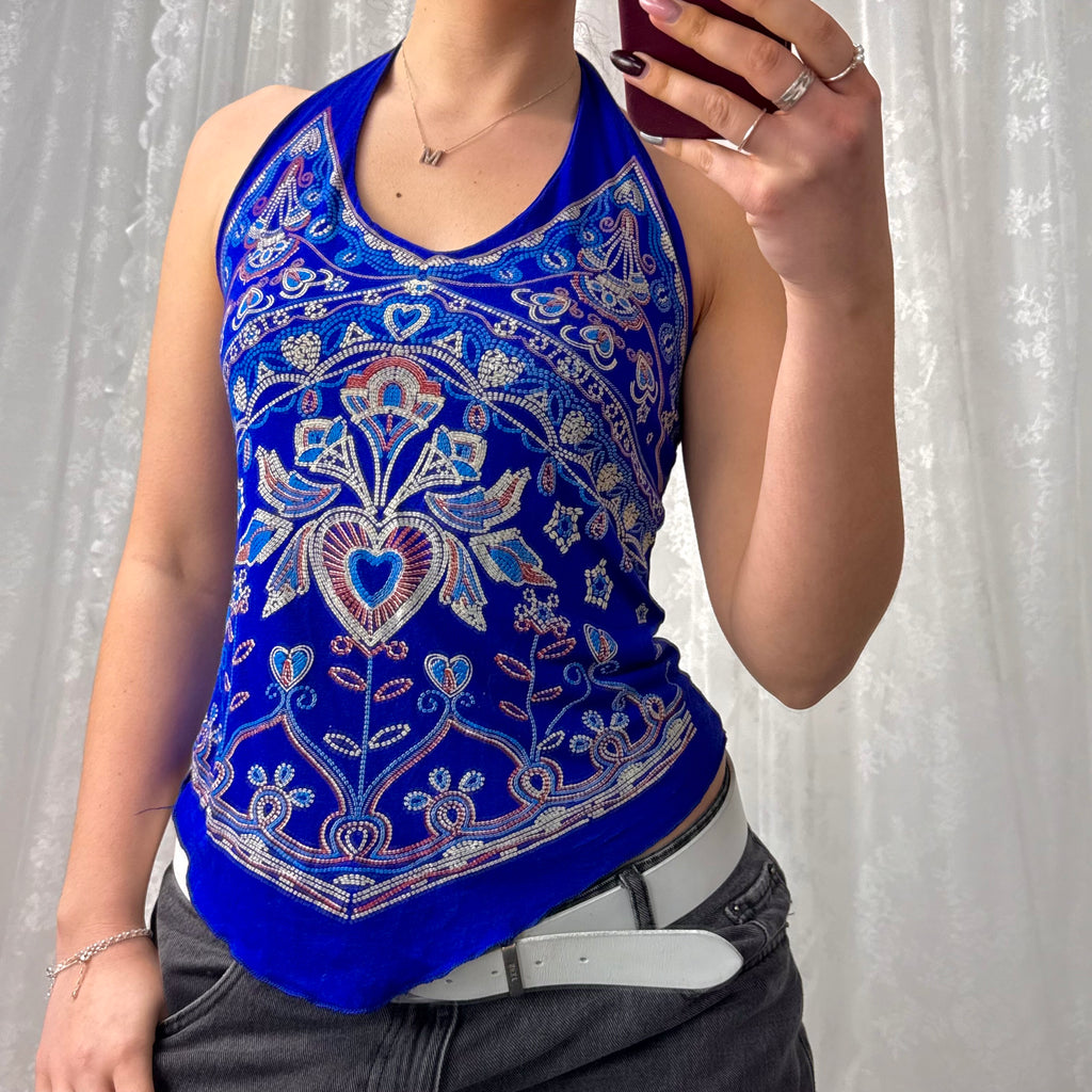 Blue detailed halterneck top