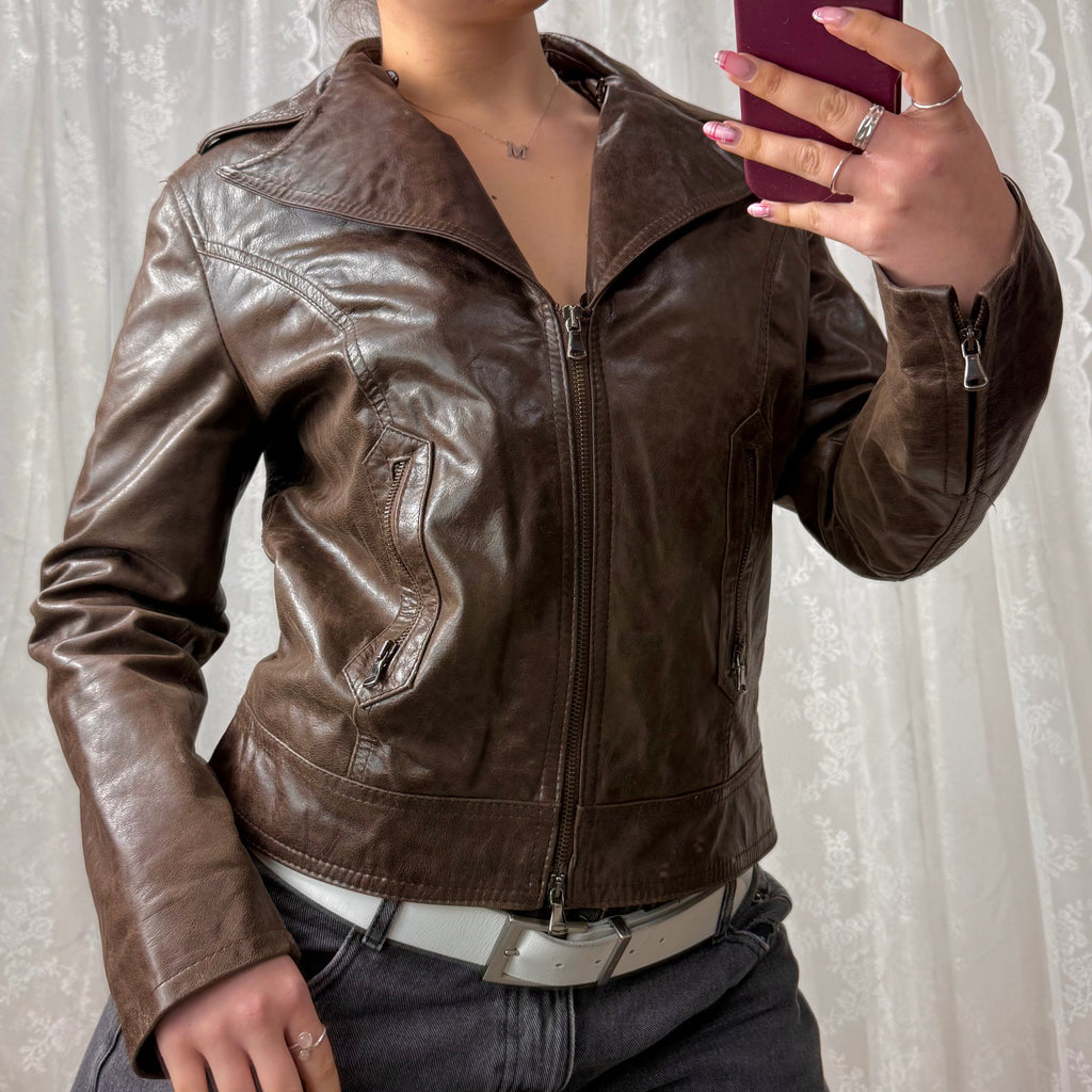 Brown leather collared double zip jacket