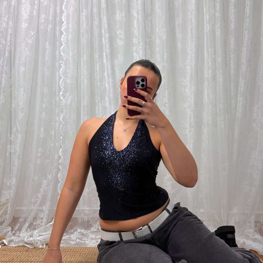 Black vintage blue and purple sparkly halterneck