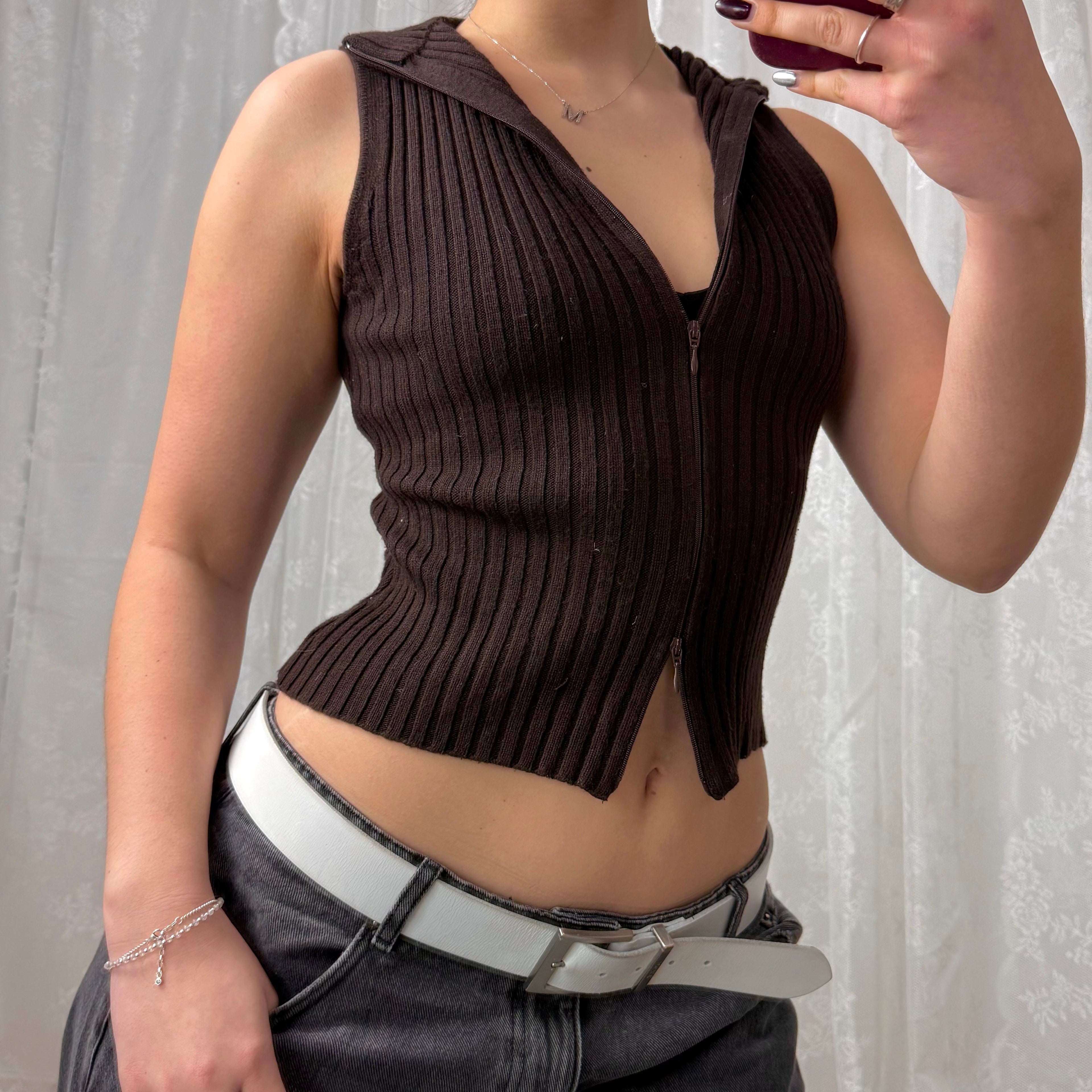 Brown double zip wool blend sleeveless sweater