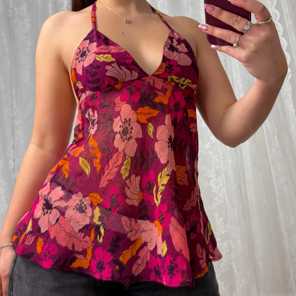 Floral pink floaty chiffon halterneck top
