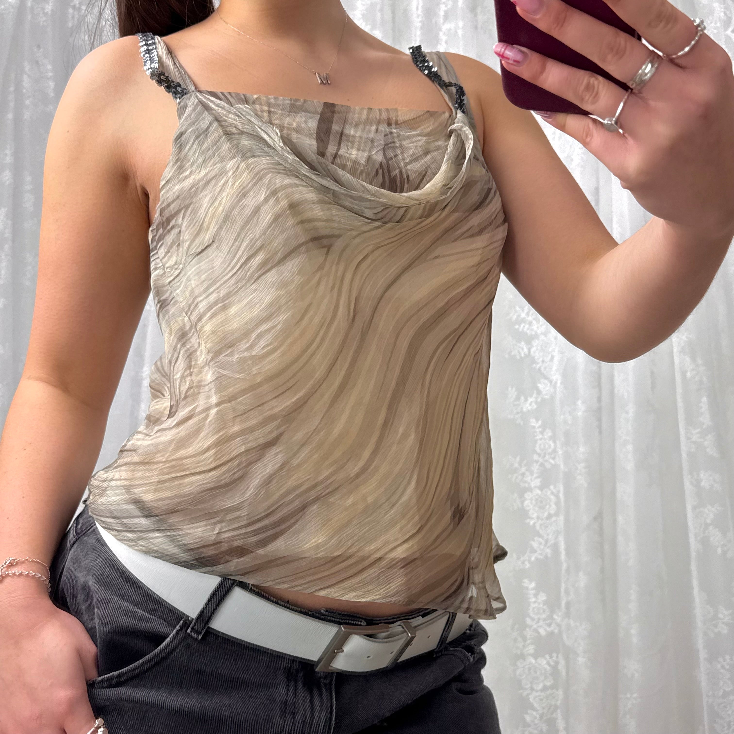 Grey patterned cowl detailed cami top