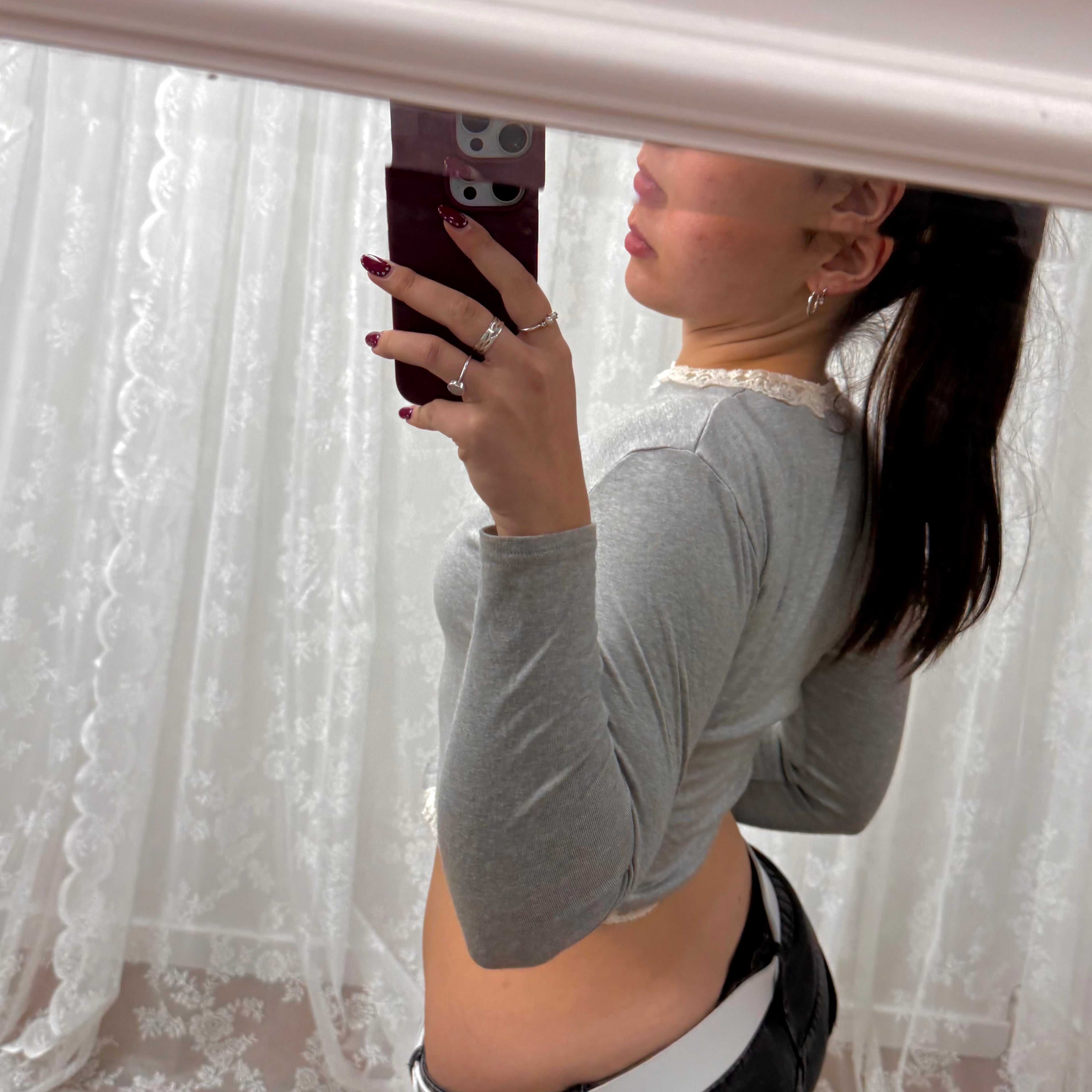 Grey vintage button up cardigan with white lace trim