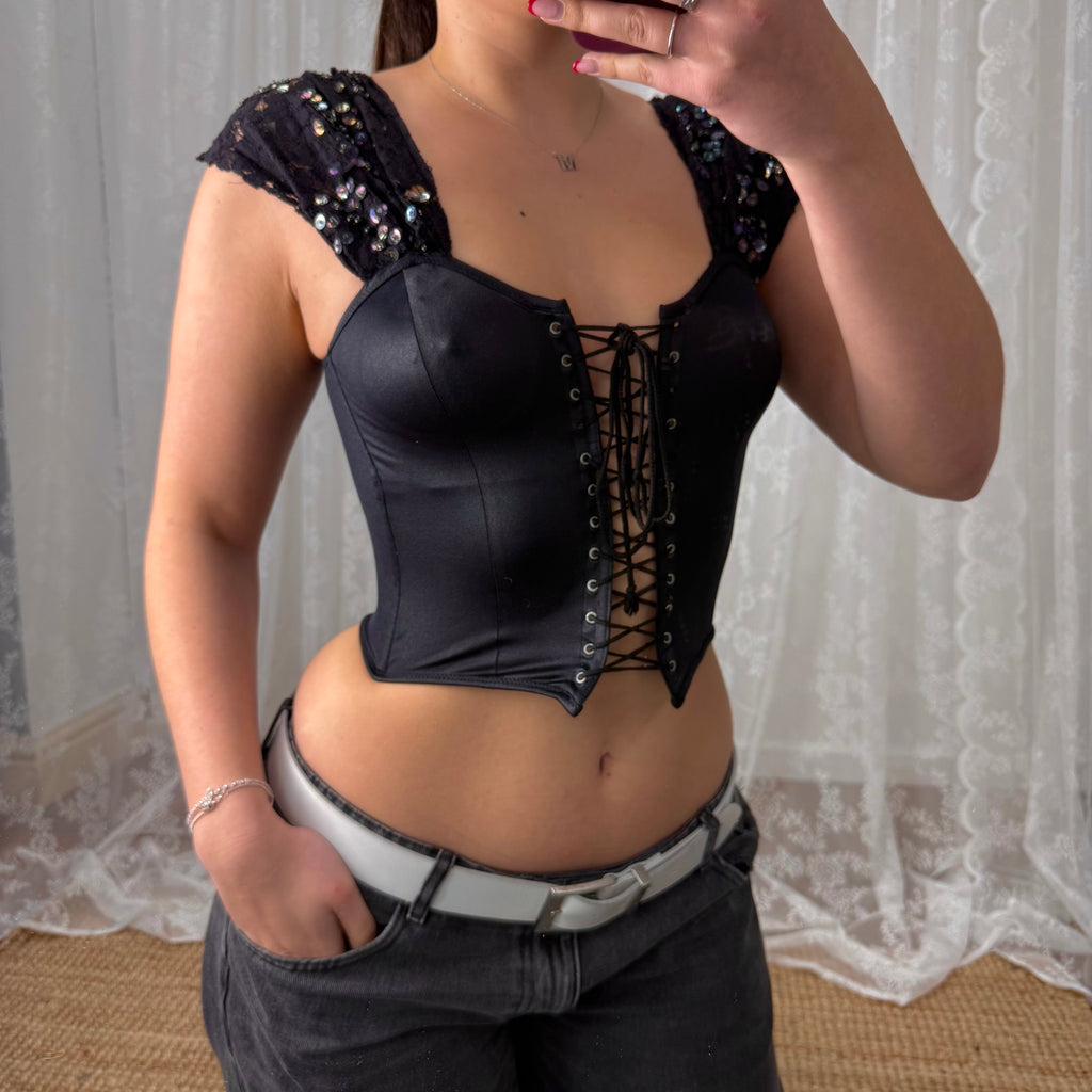 Black lace beaded off the shoulder corset top
