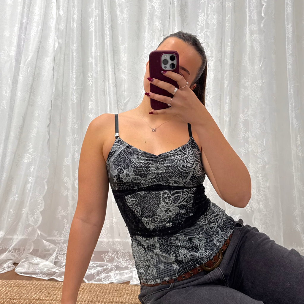 Black and white slinky lace cami top