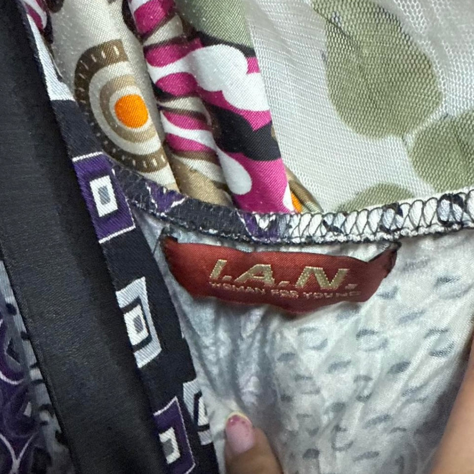 Black and purple patterned cami top with tie back detail