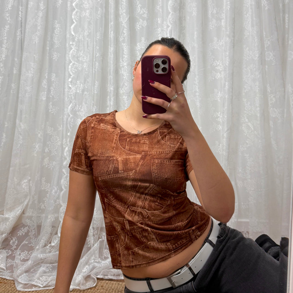 Brown Jean detailed tshirt