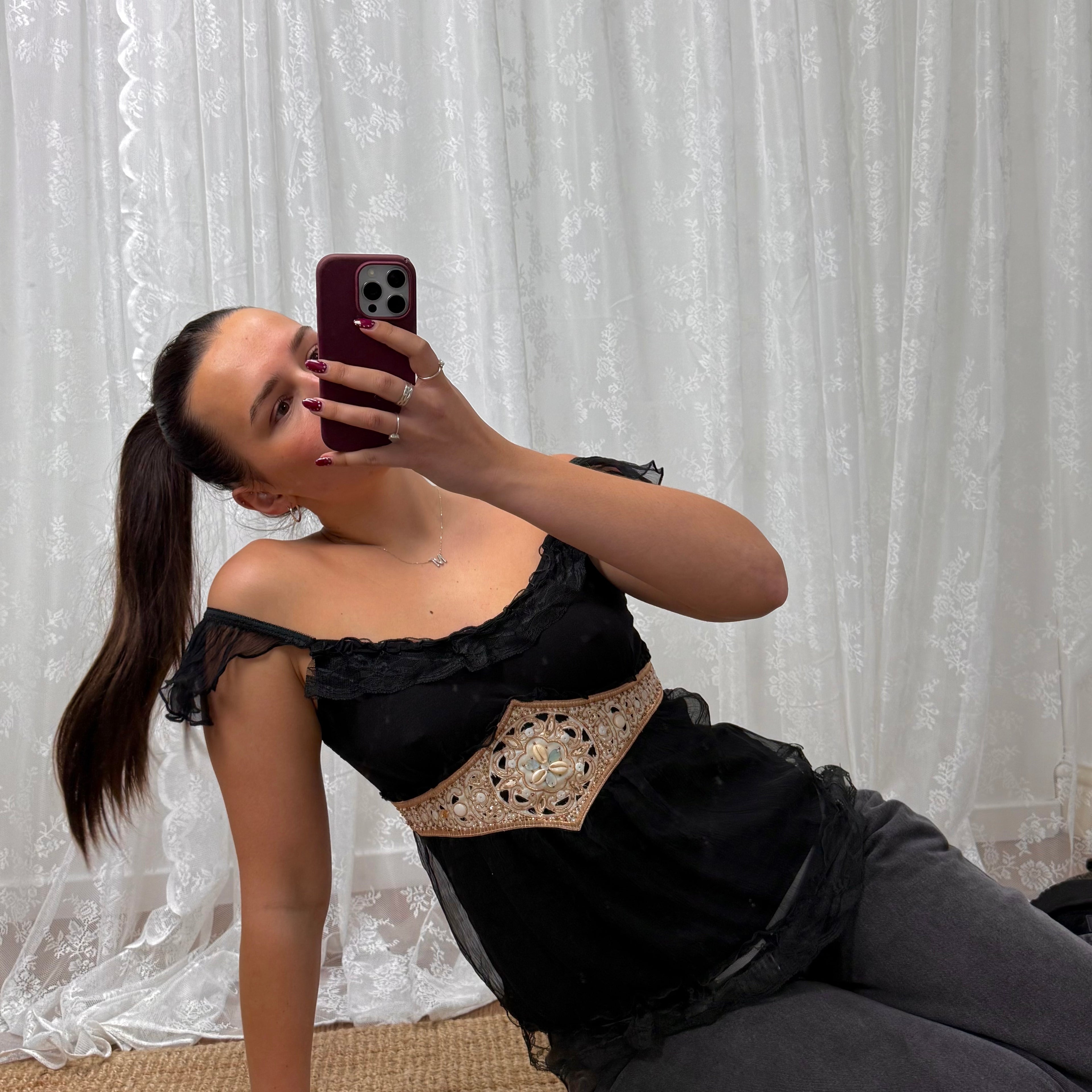 Vintage black ruffle sequin top