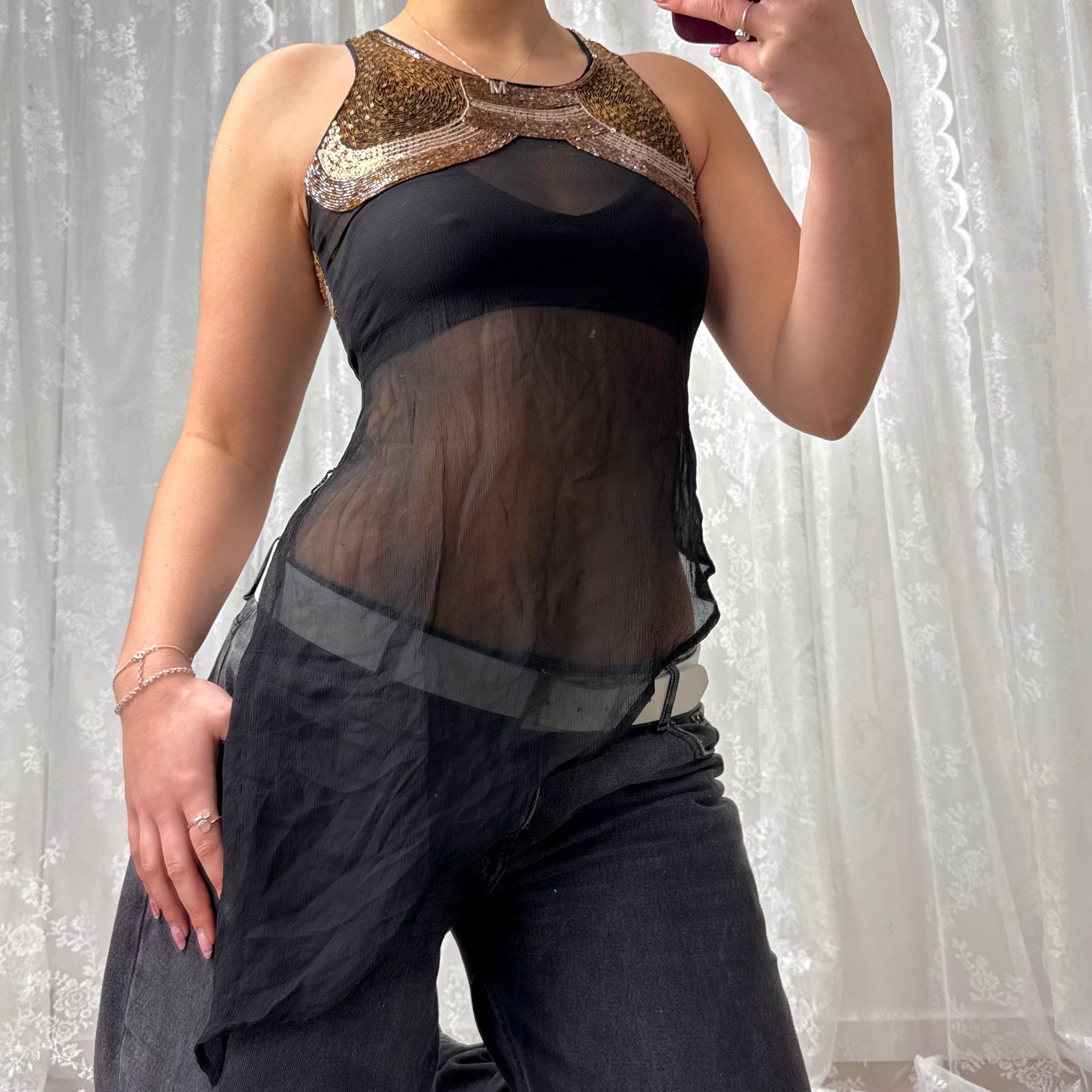 Black chiffon long lined beaded top