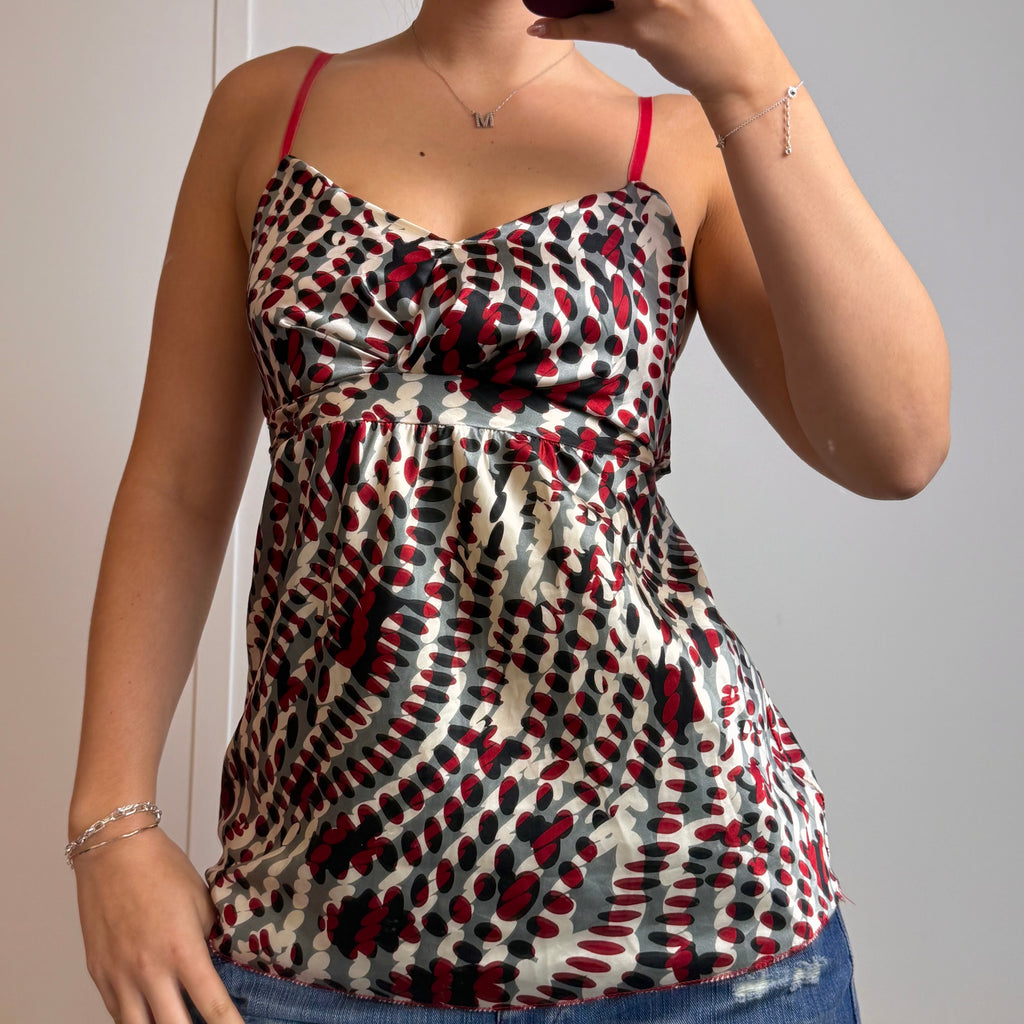 Patterned satin cami top with tie back