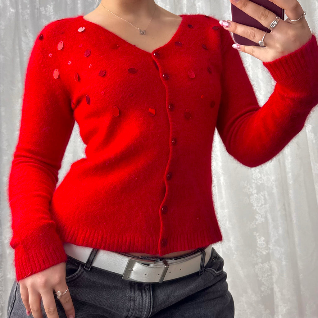 Red sequin button up cardigan
