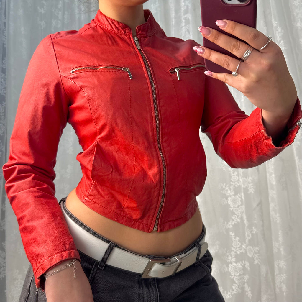 Red leather zip up jacket