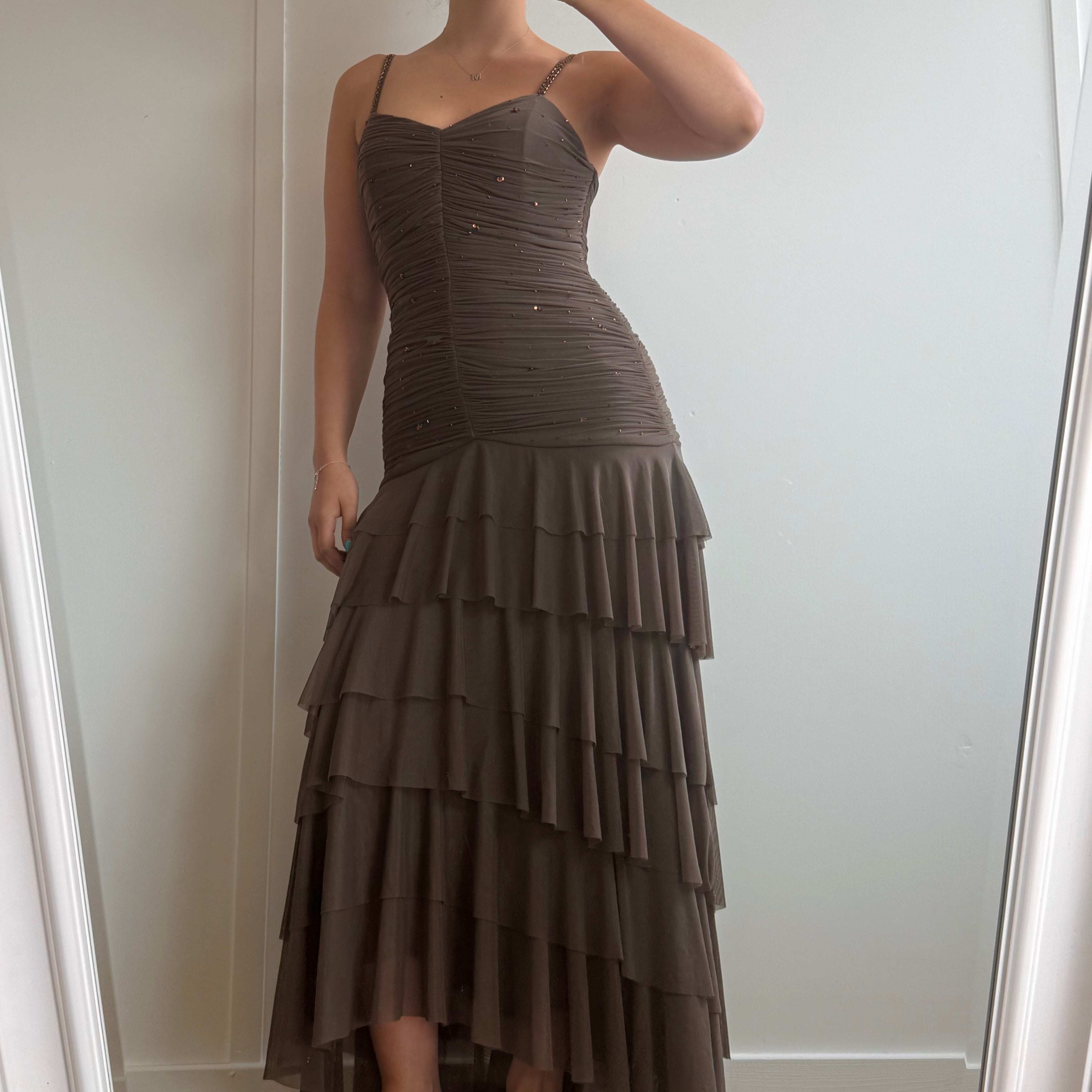 Brown waterfall beaded dress