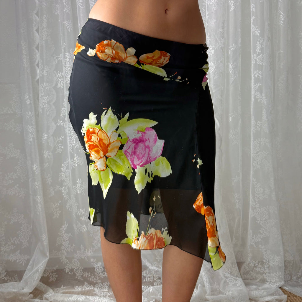 Black floral asymmetrical mesh midi skirt