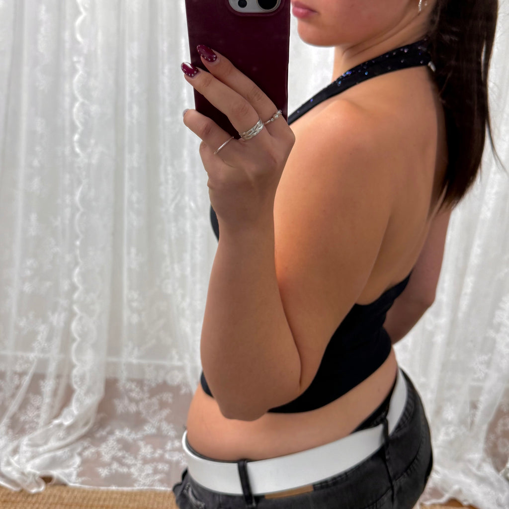 Black vintage blue and purple sparkly halterneck