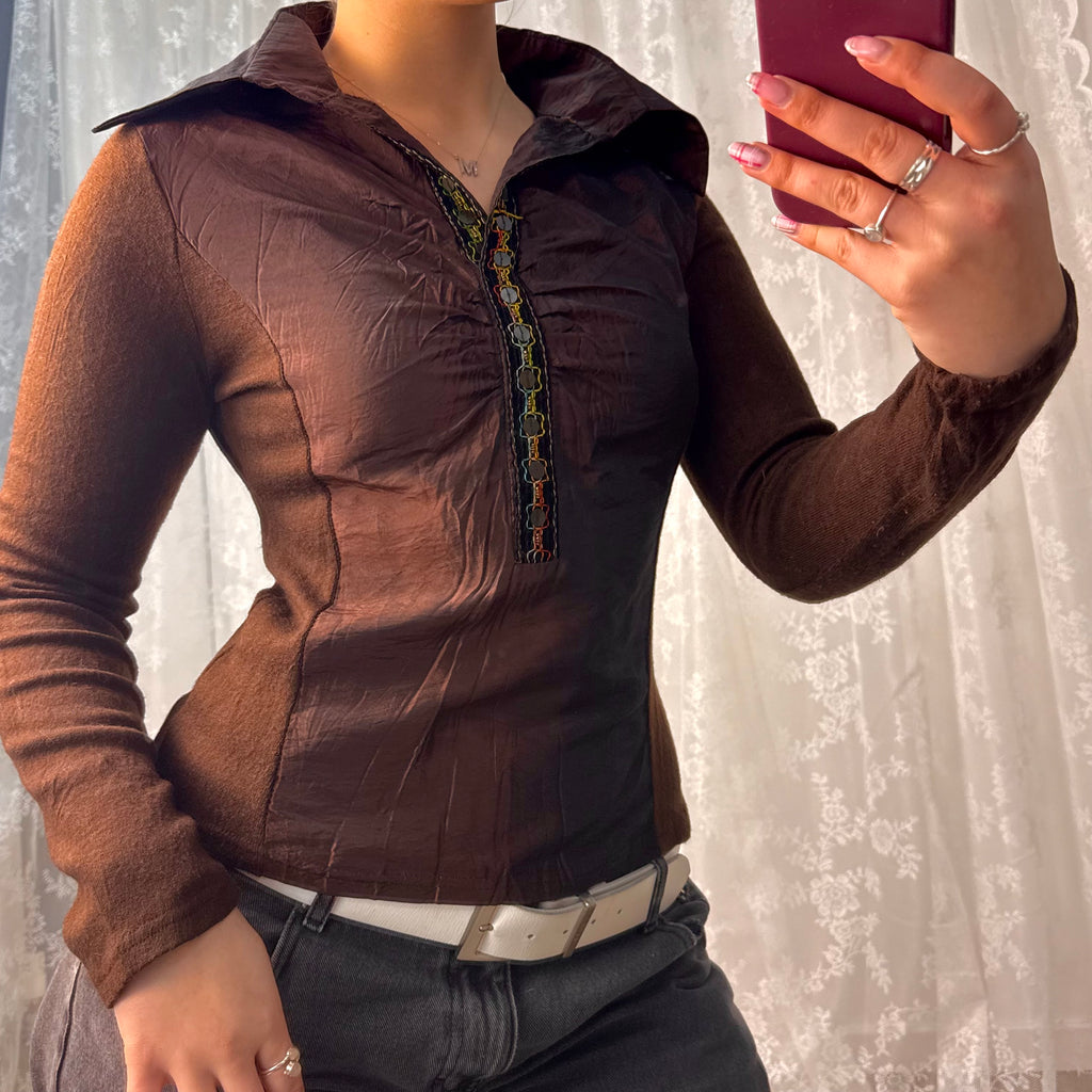 Brown wool blend shiny shirt
