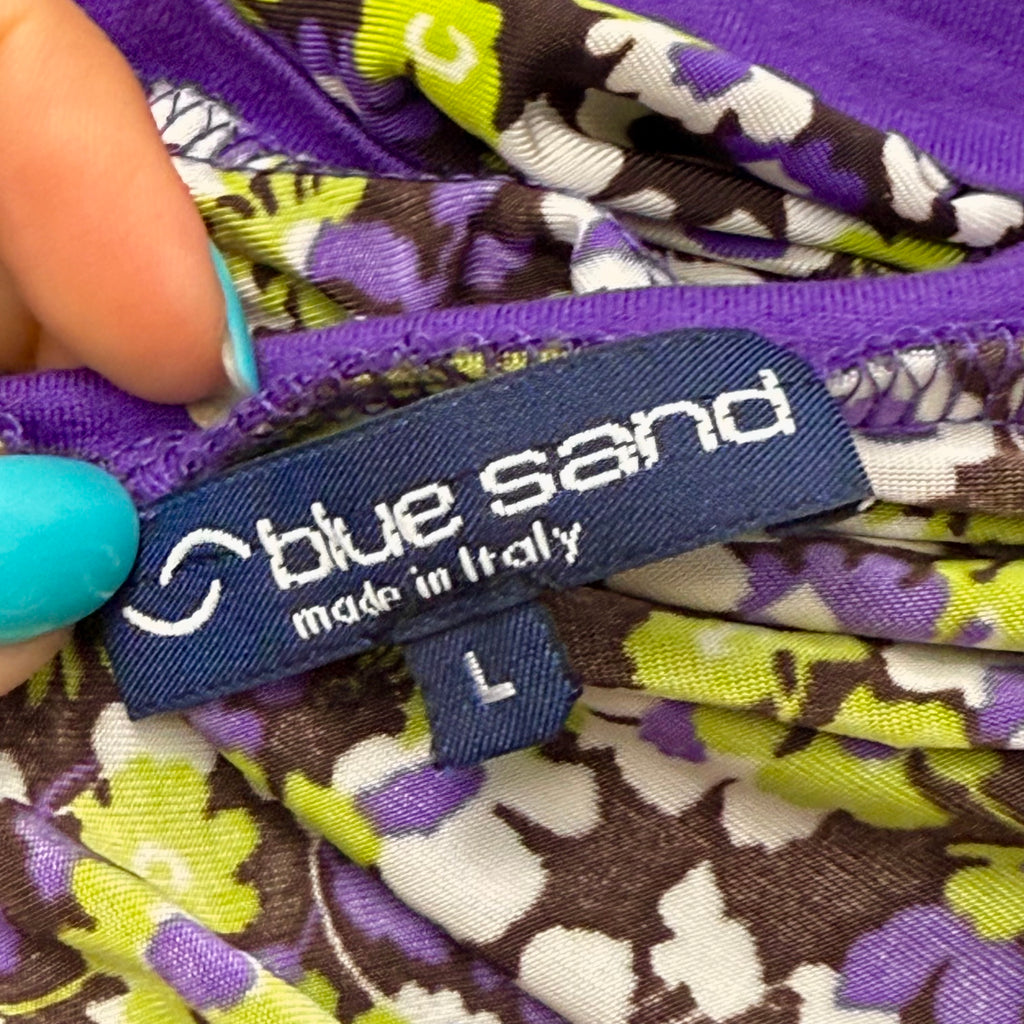 Purple and green slinky patterned top with tie back
