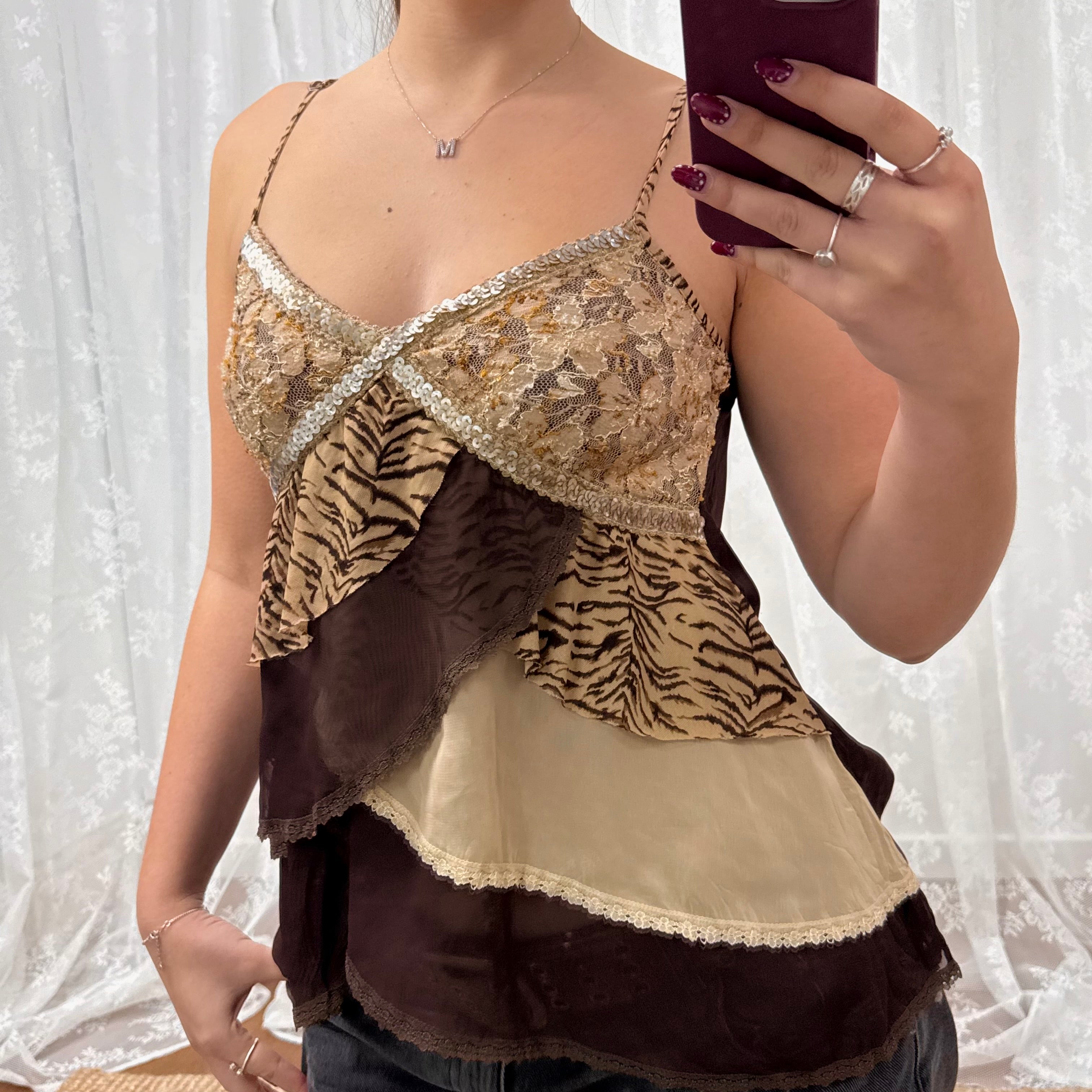 Gold and brown sequin floaty cami top