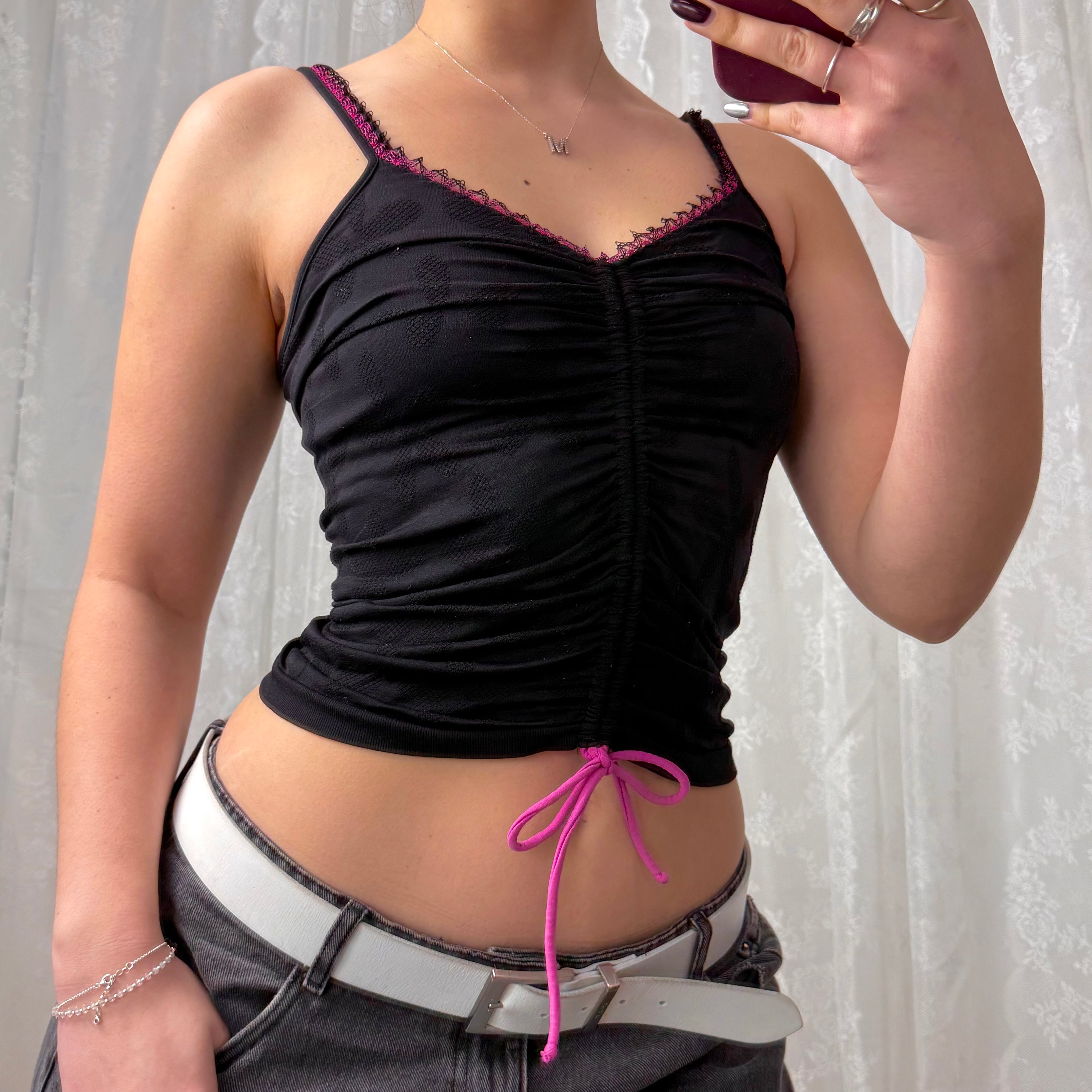 Black and pink ruched tie up top