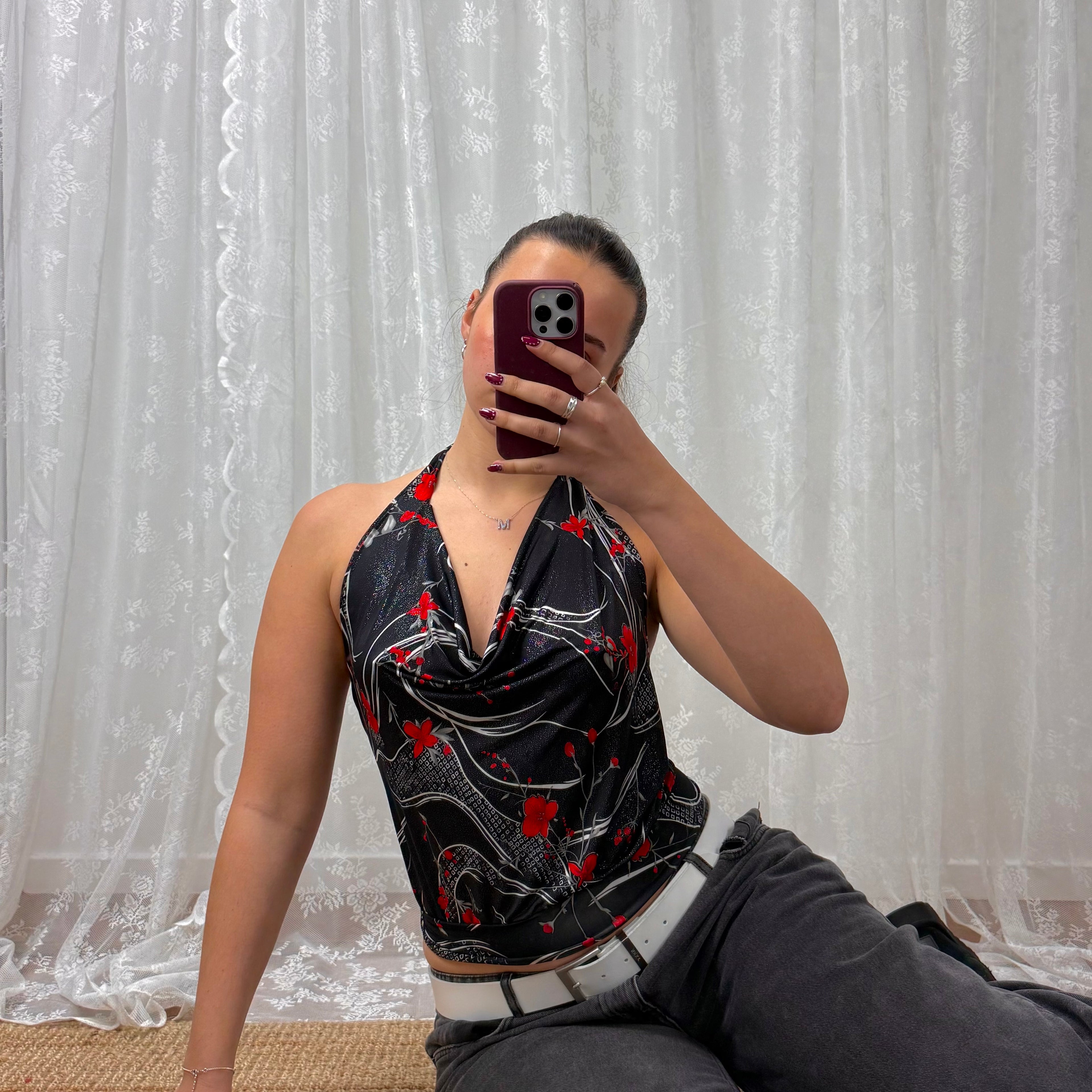 Black detailed cowl neck top