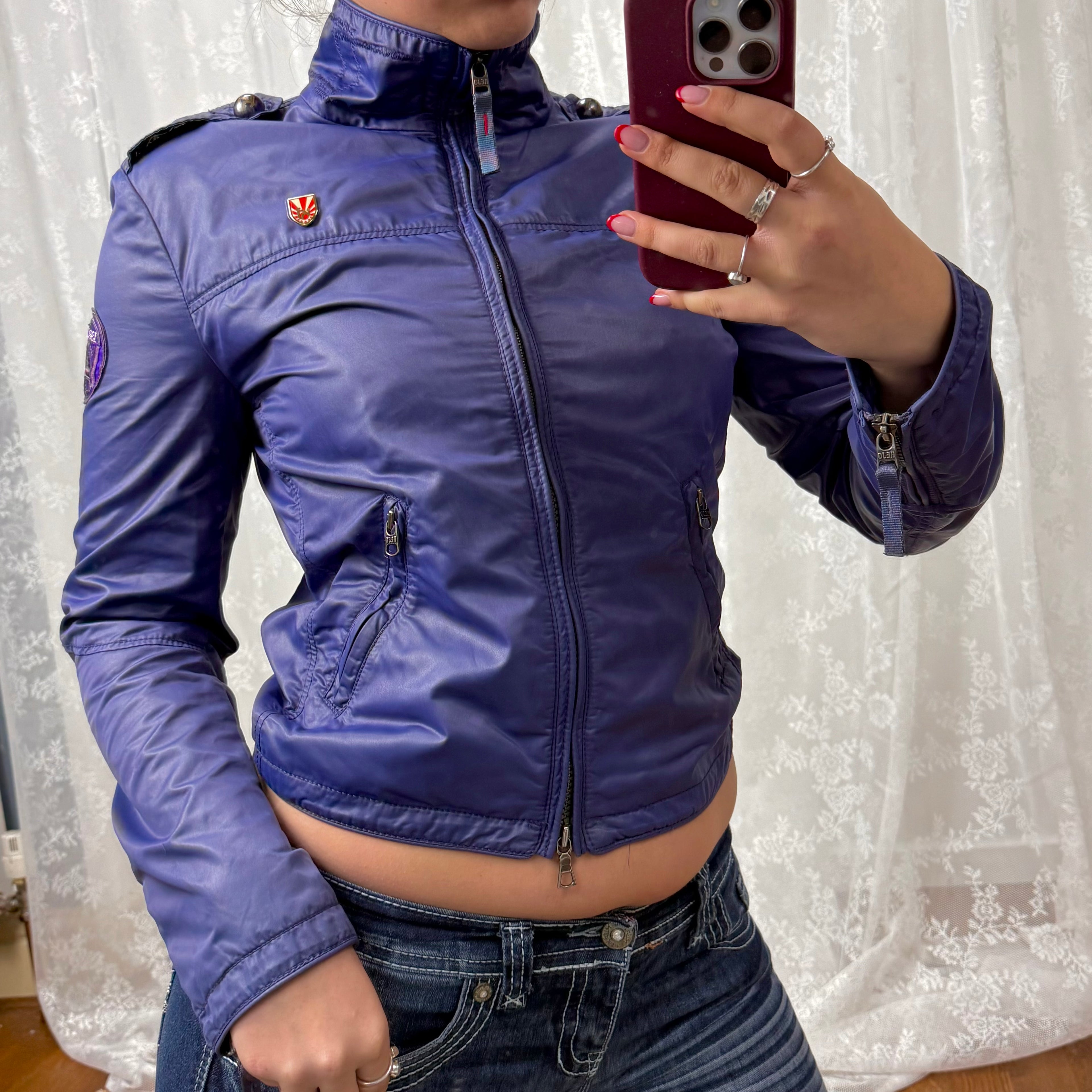Purple shiny double zip lightweight jacket