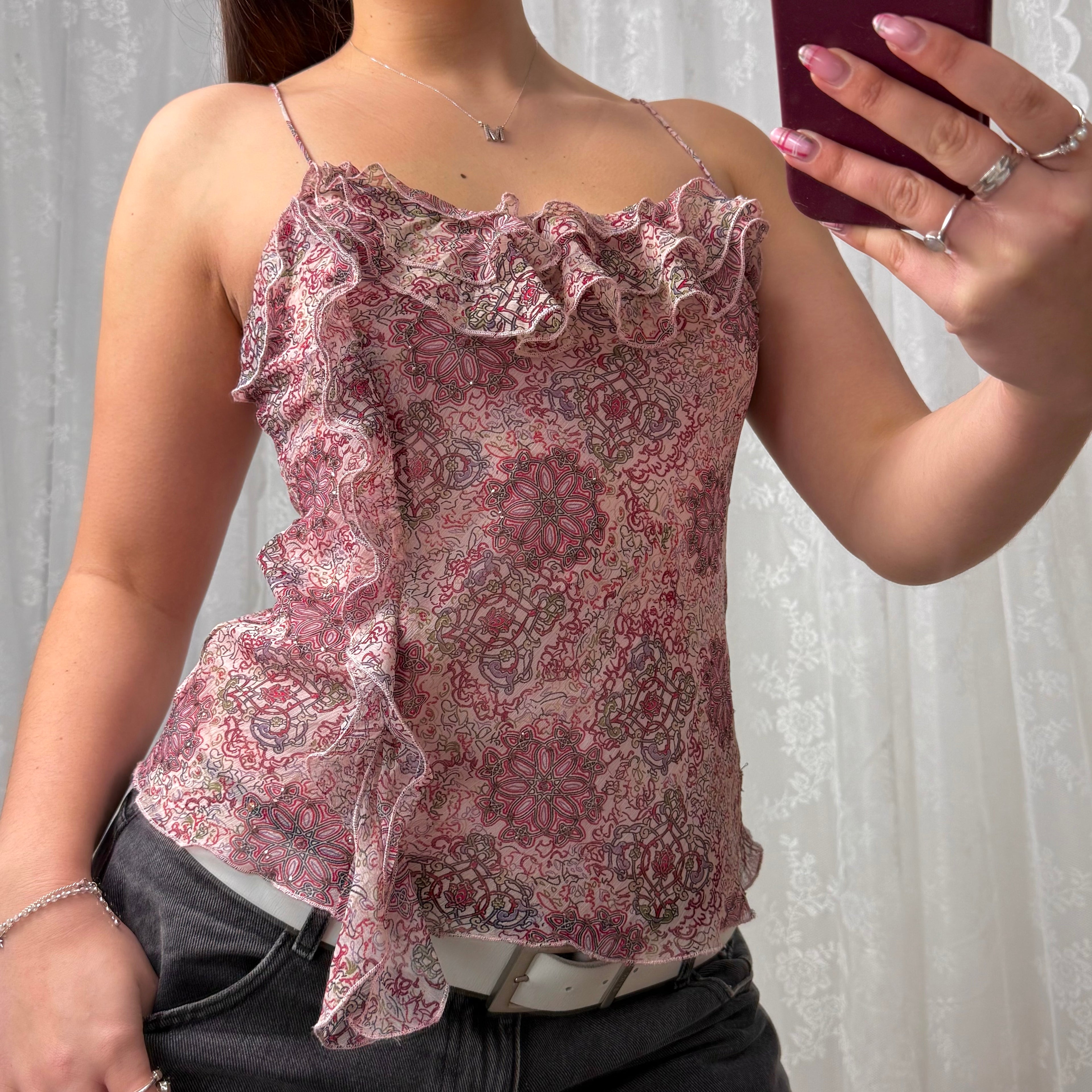 Pink and white paisley ruffle cami top